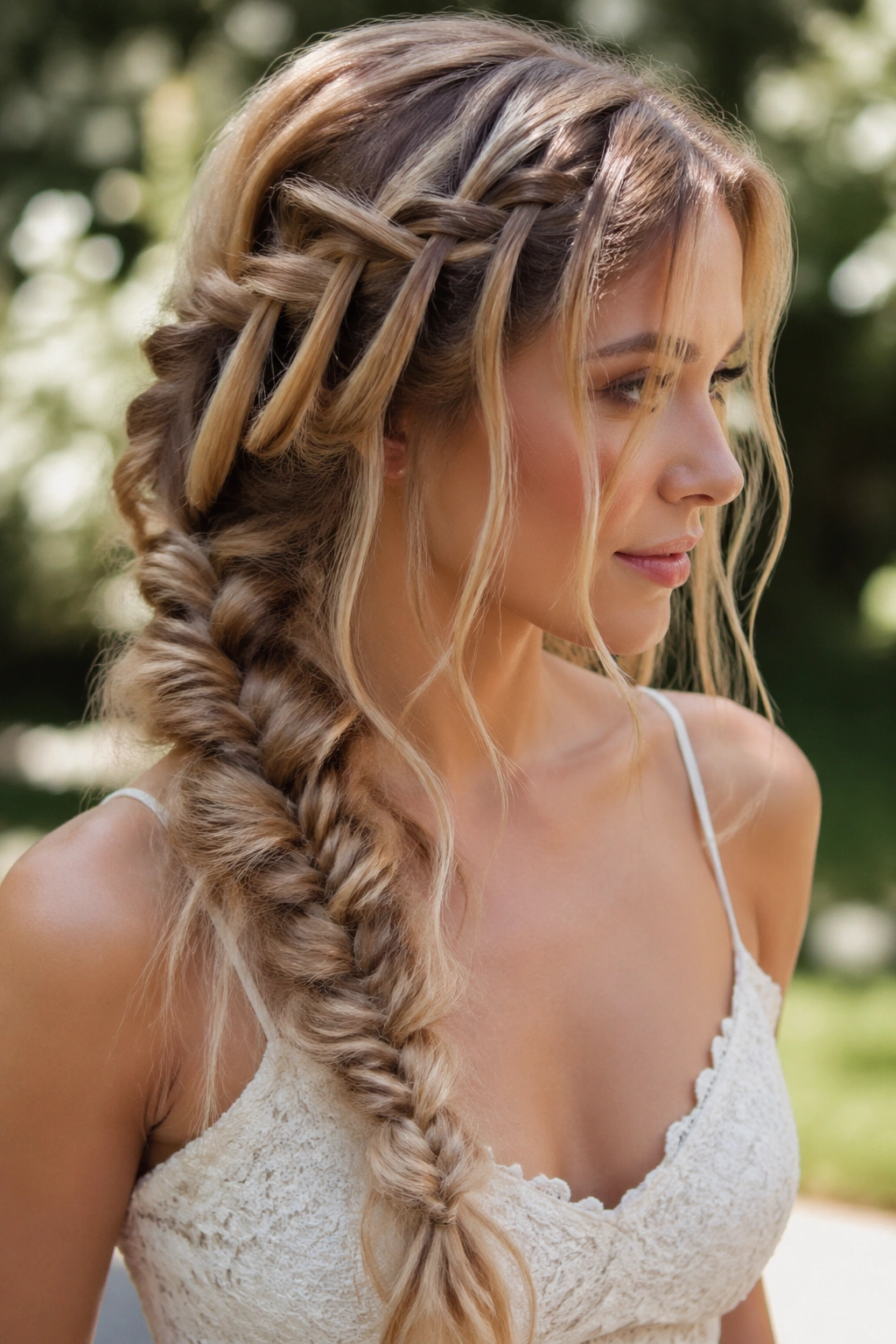 Waterfall-inspired messy fishtail braid on a real woman outdoors
