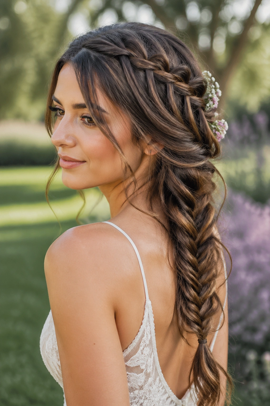 Three-quarter portrait of a bride with waterfall fishtail hybrid hairstyle in garden setting.