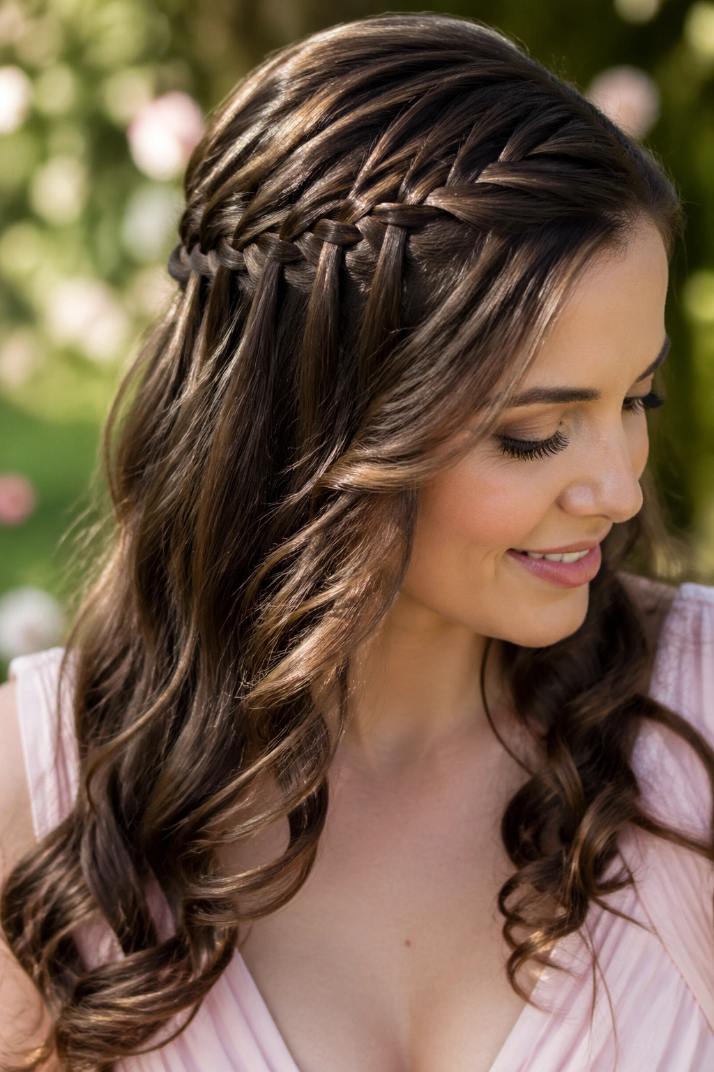 Close-up of a real woman with a waterfall half-up braid in a garden setting