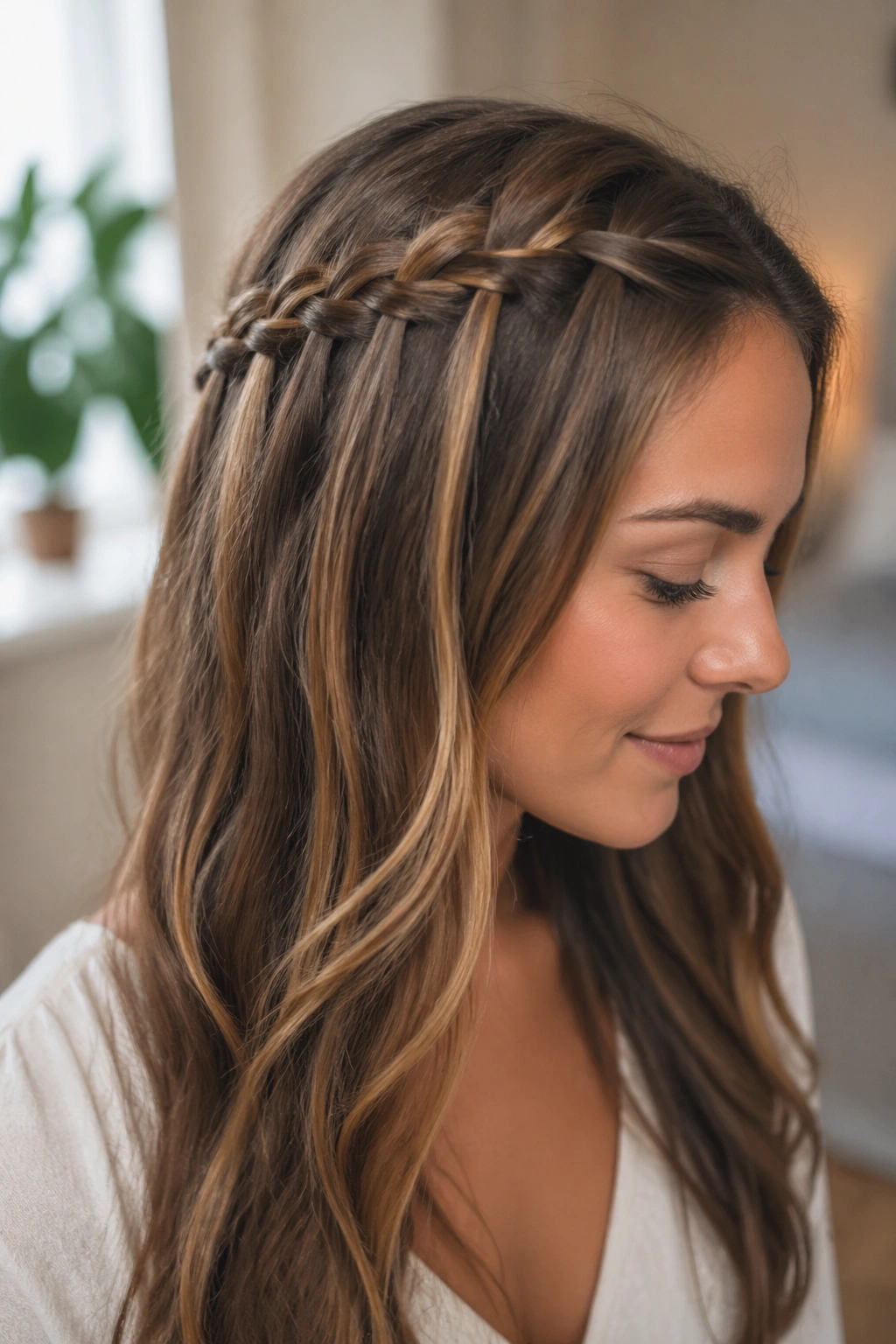 Close-up of a real woman with a half-up waterfall braid along the crown