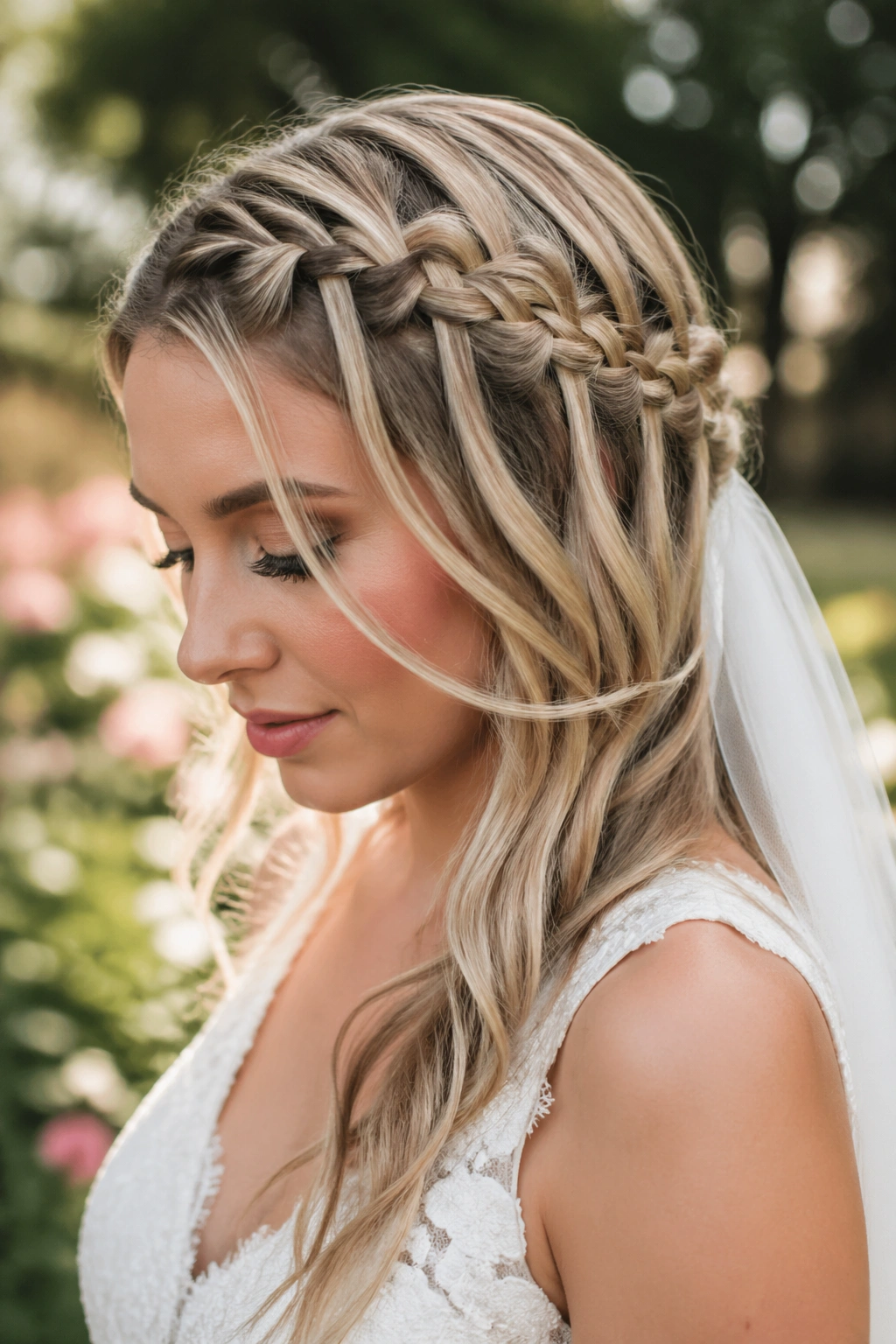 Close-up bride head with waterfall halo braid