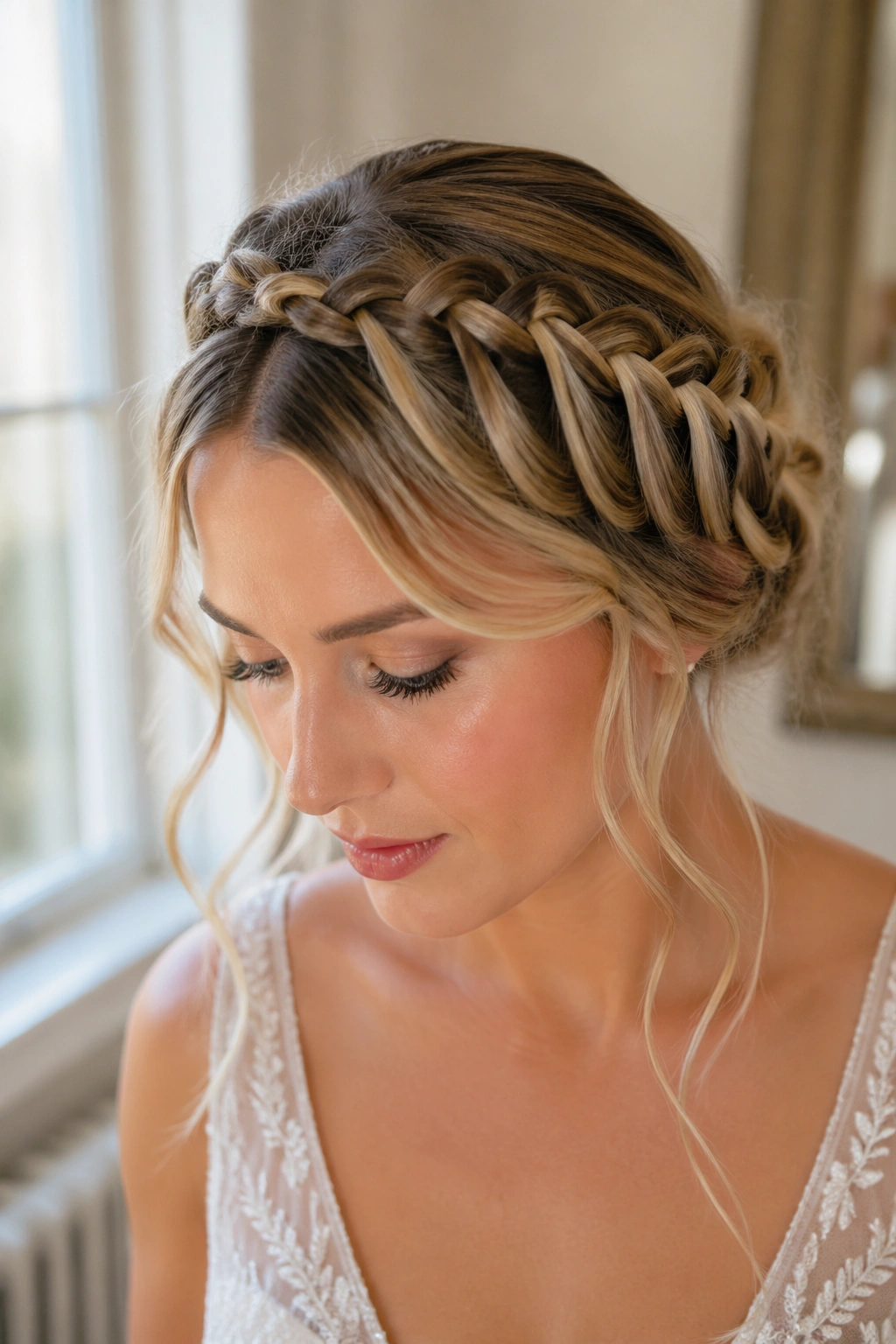 Close-up of a bride wearing a halo waterfall braid encircling the crown