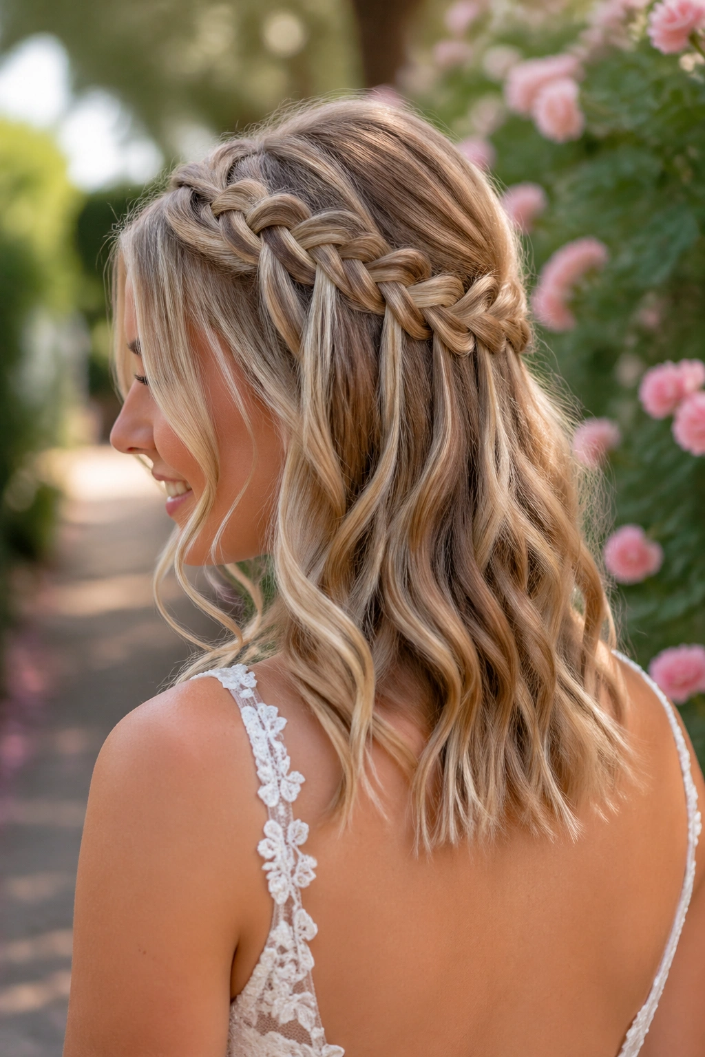Real-bride waterfall lace braid half-up in garden