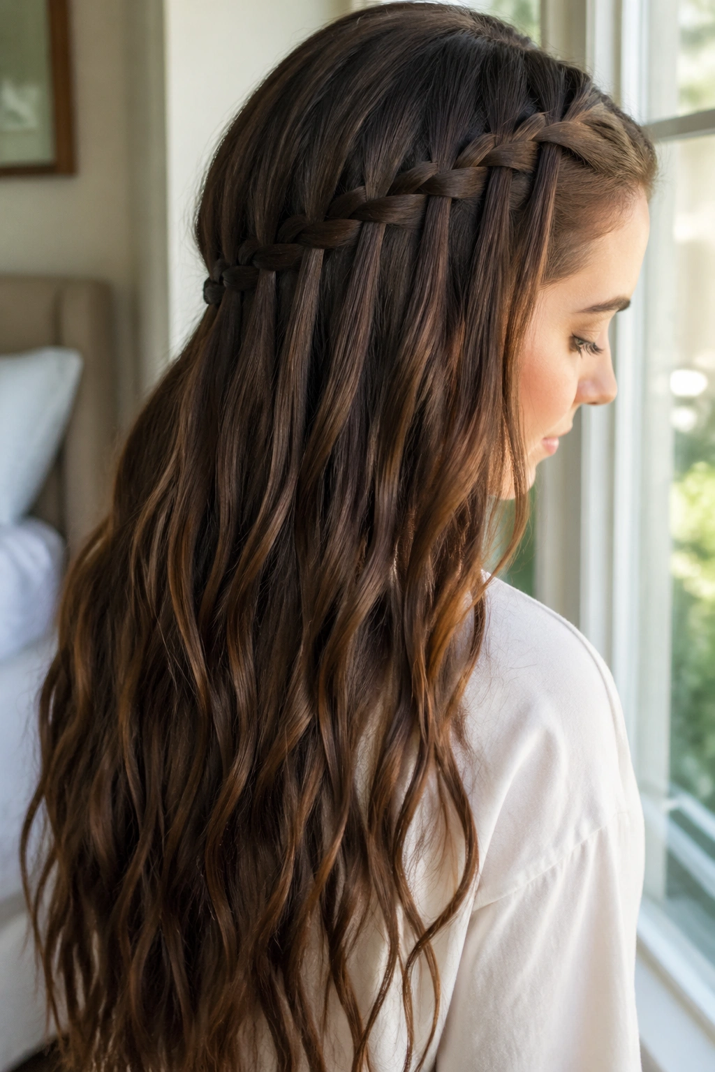 Close-up portrait of a real woman with a waterfall lace braid and cascading drops.