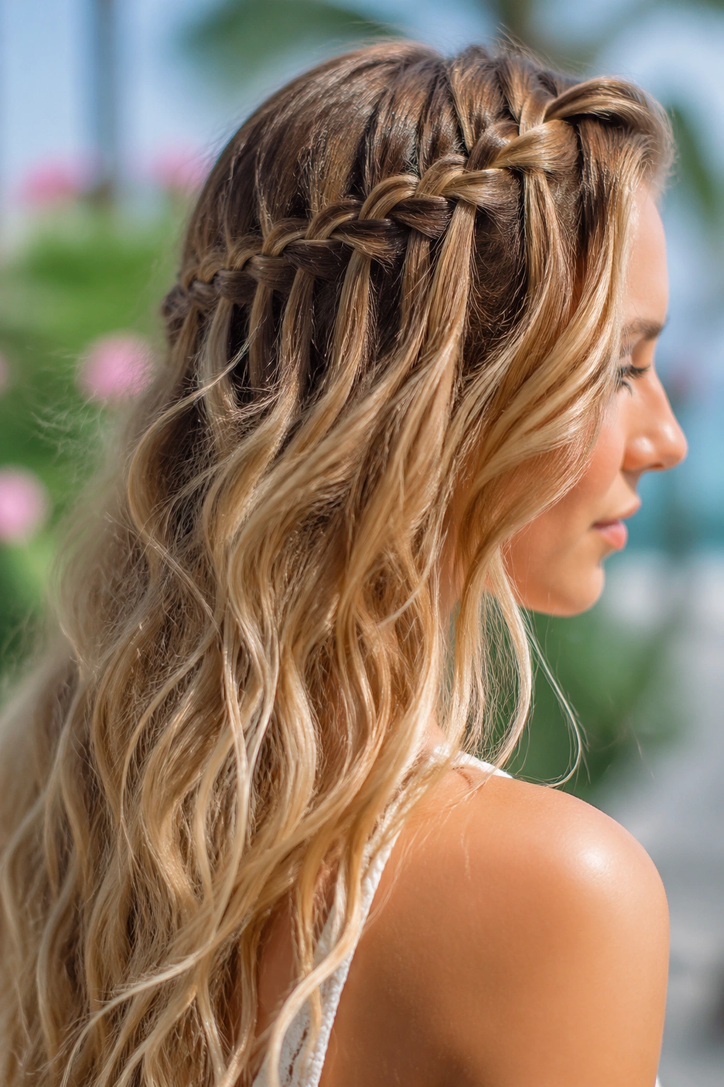 Close-up of waterfall mermaid braid with loose waves on real woman.