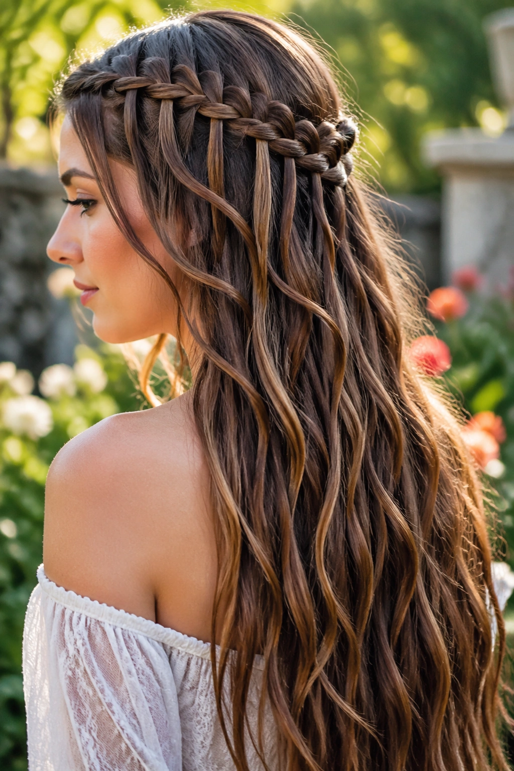 Side-profile of a real woman with a waterfall pancake braid showing flowing dropped strands