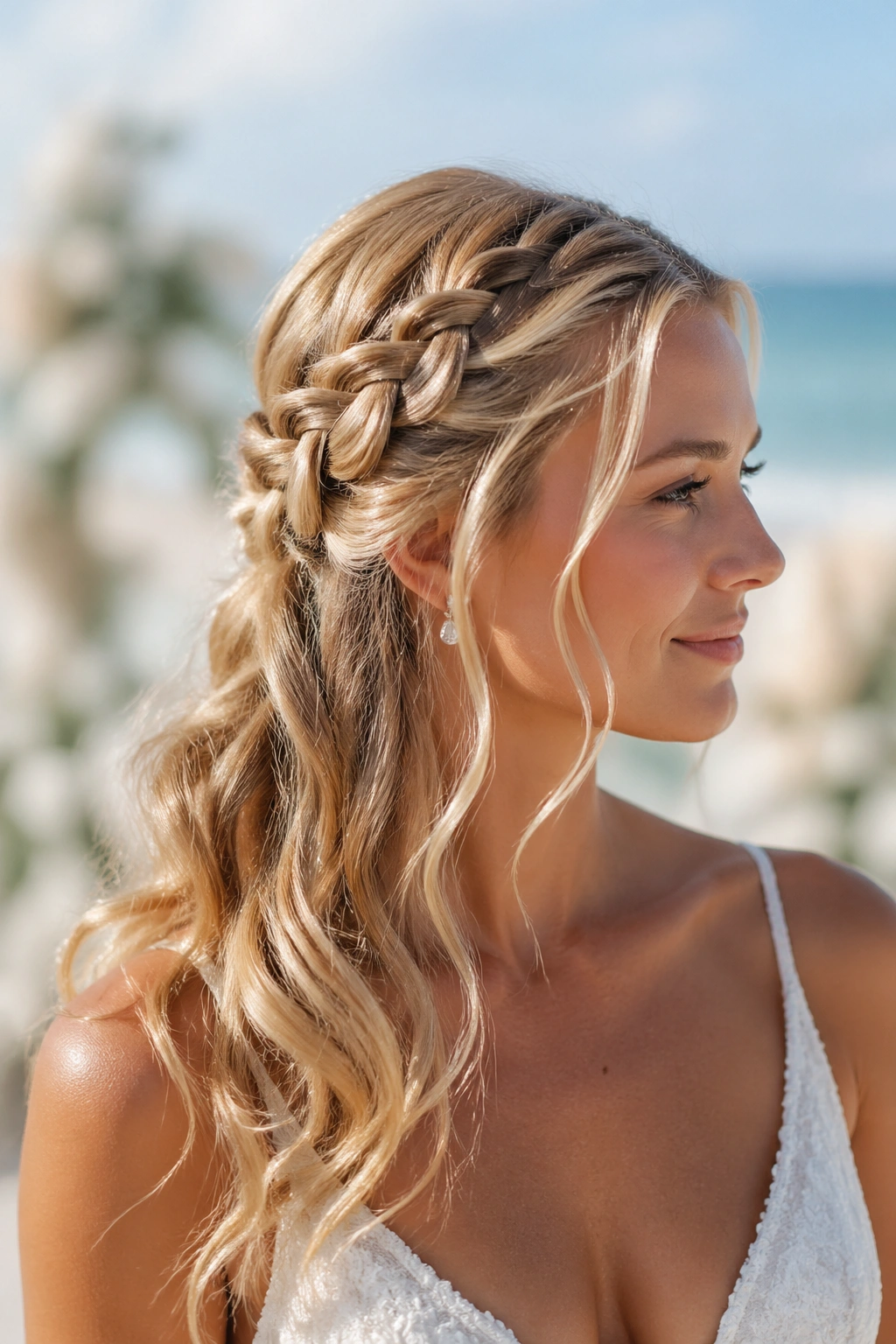 Real-bride portrait with waterfall rope braid and released ends around the face