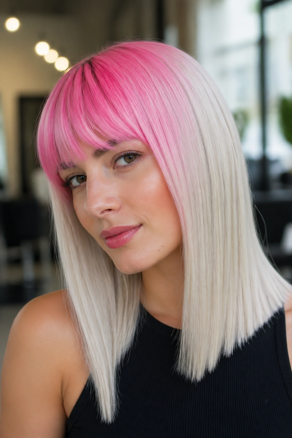Close-up portrait of a real person with platinum hair and watermelon pink highlights, hair dominating the frame.