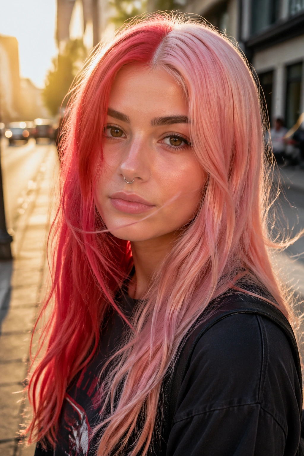 Close-up of a real woman with watermelon split dye hair showing a bold color split.