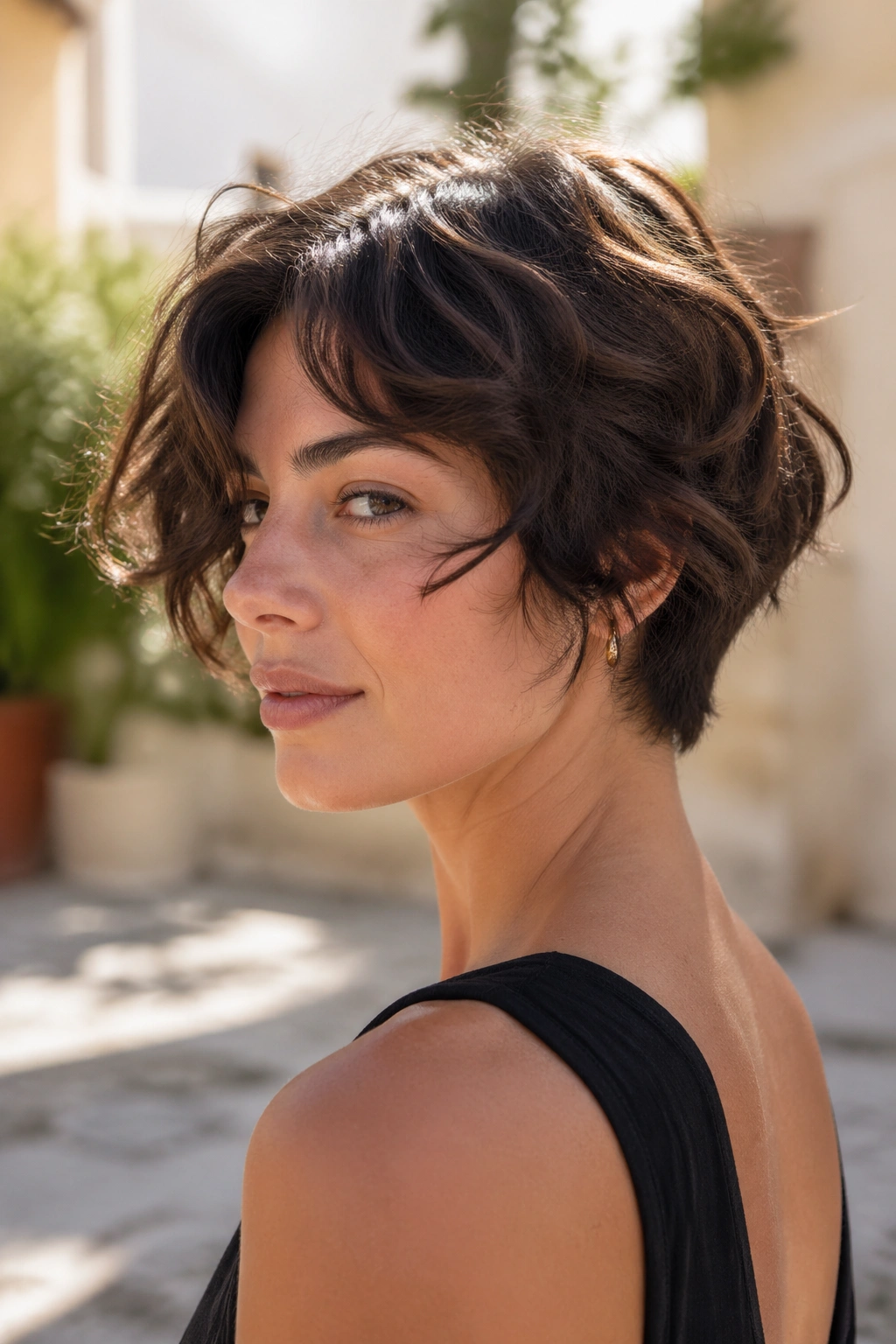 Close-up of a real person with a wavy bixie showing natural air-dried movement outdoors