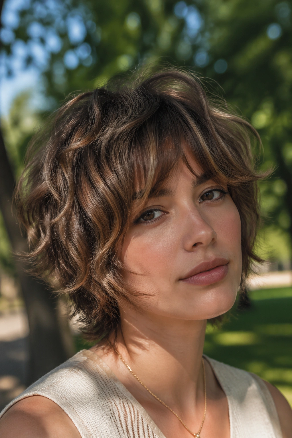 Close-up of a real person with wavy bixie shag cheekbone bangs