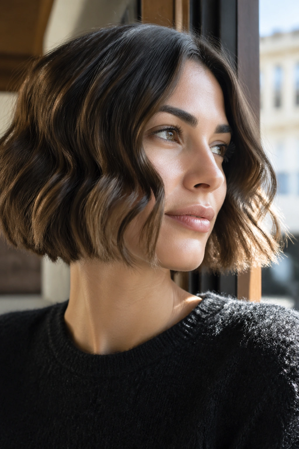 Real woman with wavy blunt bob in natural window light