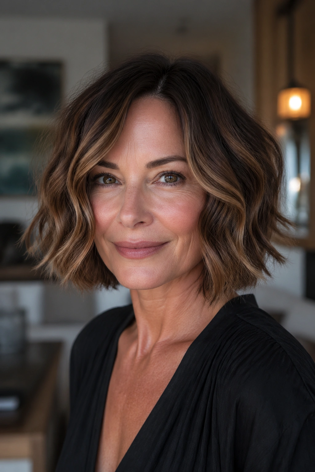 Close-up portrait of a real woman with a wavy bob and soft bend in natural light.