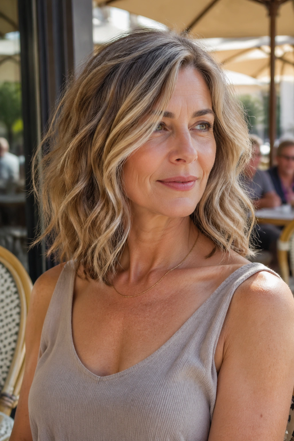 Real woman with wavy collarbone-length hair