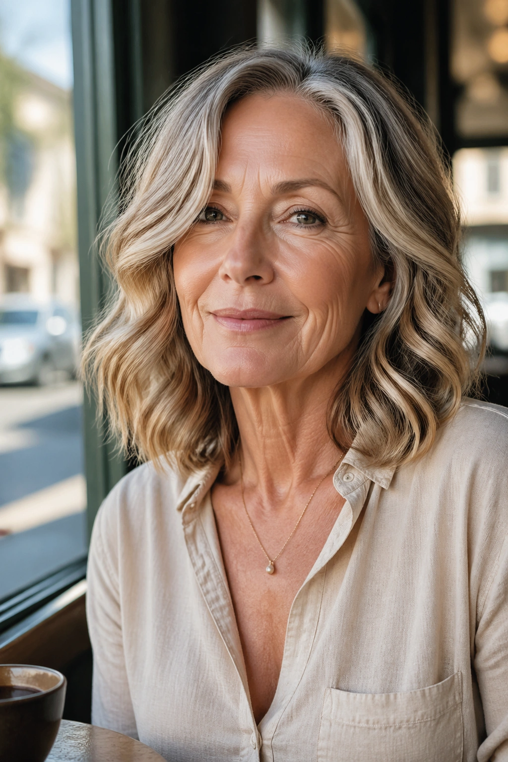 Close-up portrait of a woman with wavy collarbone-length hair in natural light