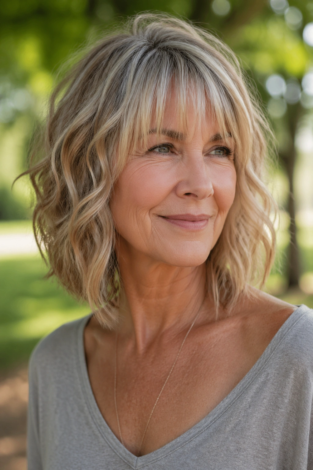 Close-up of an older woman with a wavy collarbone-length cut and piecey bangs outdoors