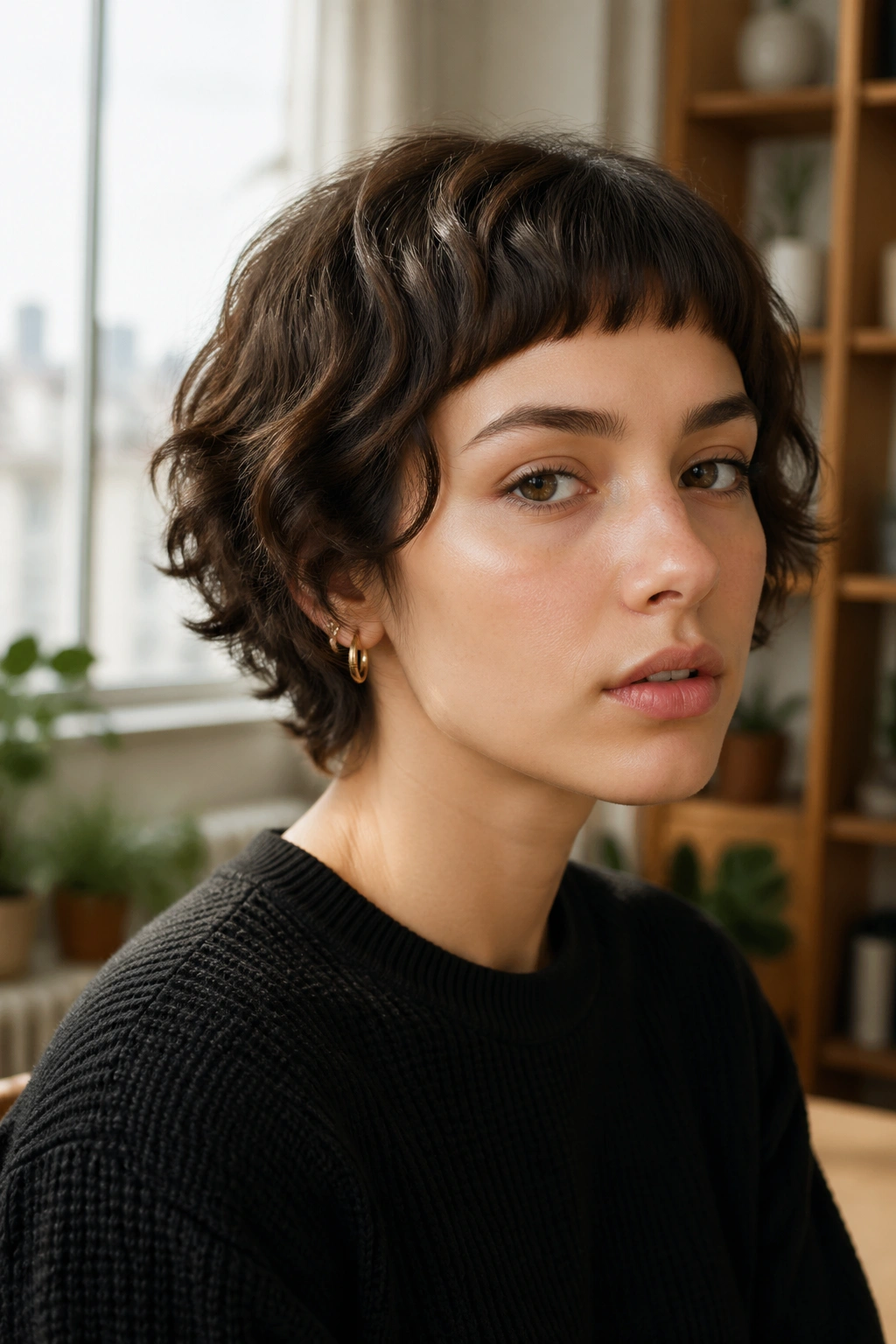 Close-up portrait of a real person with a wavy crop and blunt micro fringe in soft window light