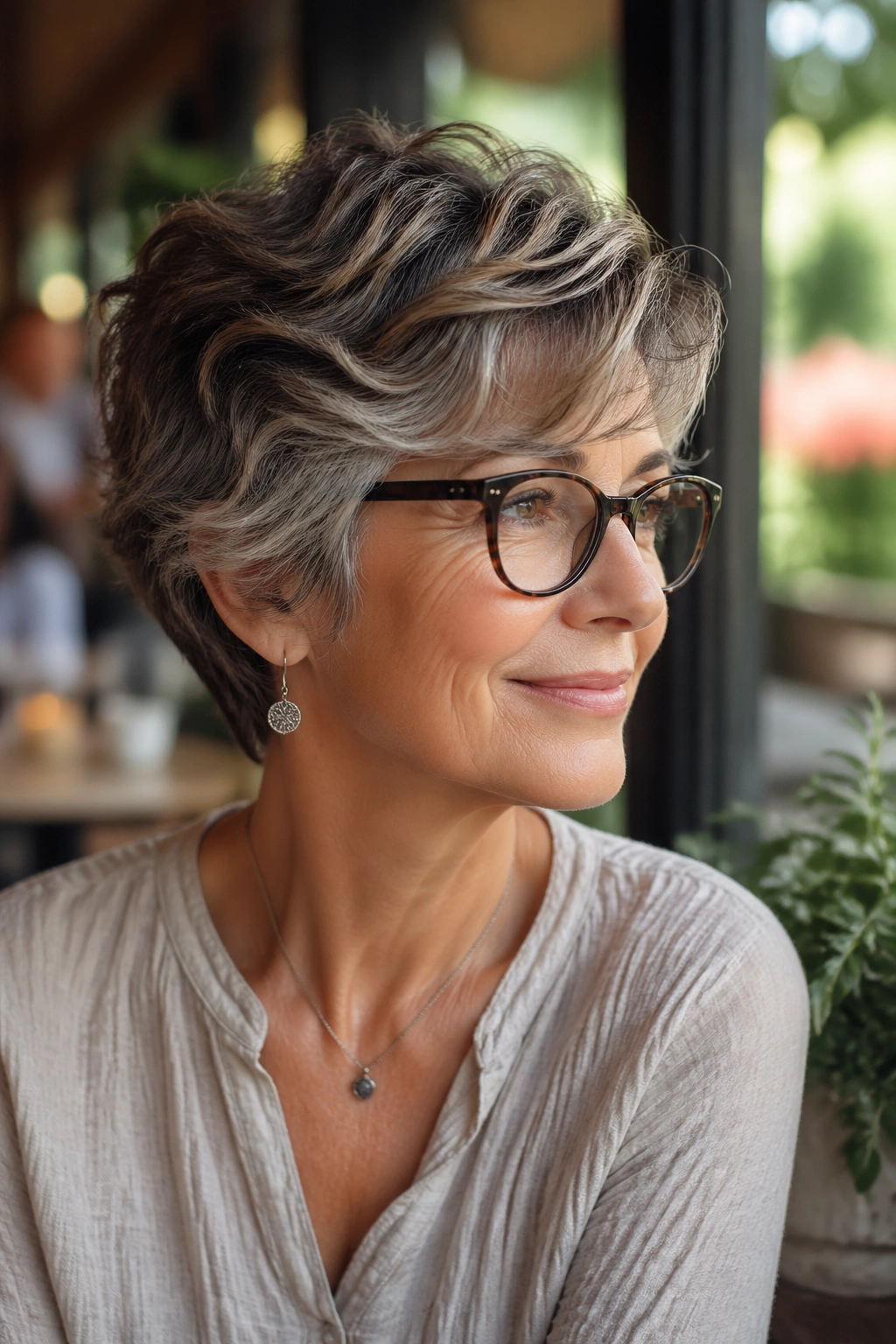 Close-up portrait of an older woman with a wavy crop and soft layers wearing glasses