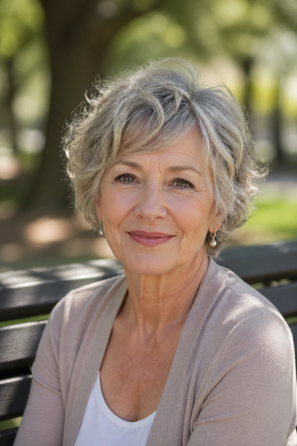 Close-up of an older woman with a wavy crop hairstyle