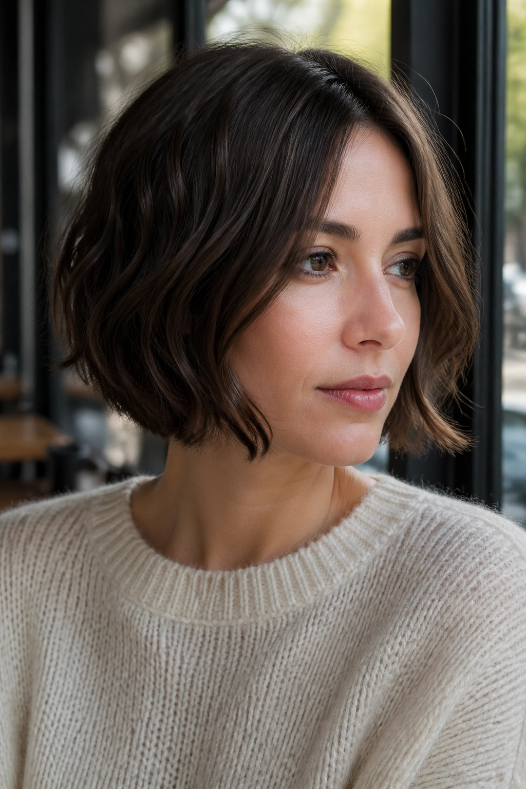 Close-up of Wavy Jaw-Length Bob with Invisible Layers on a real person in sunlight at a cafe