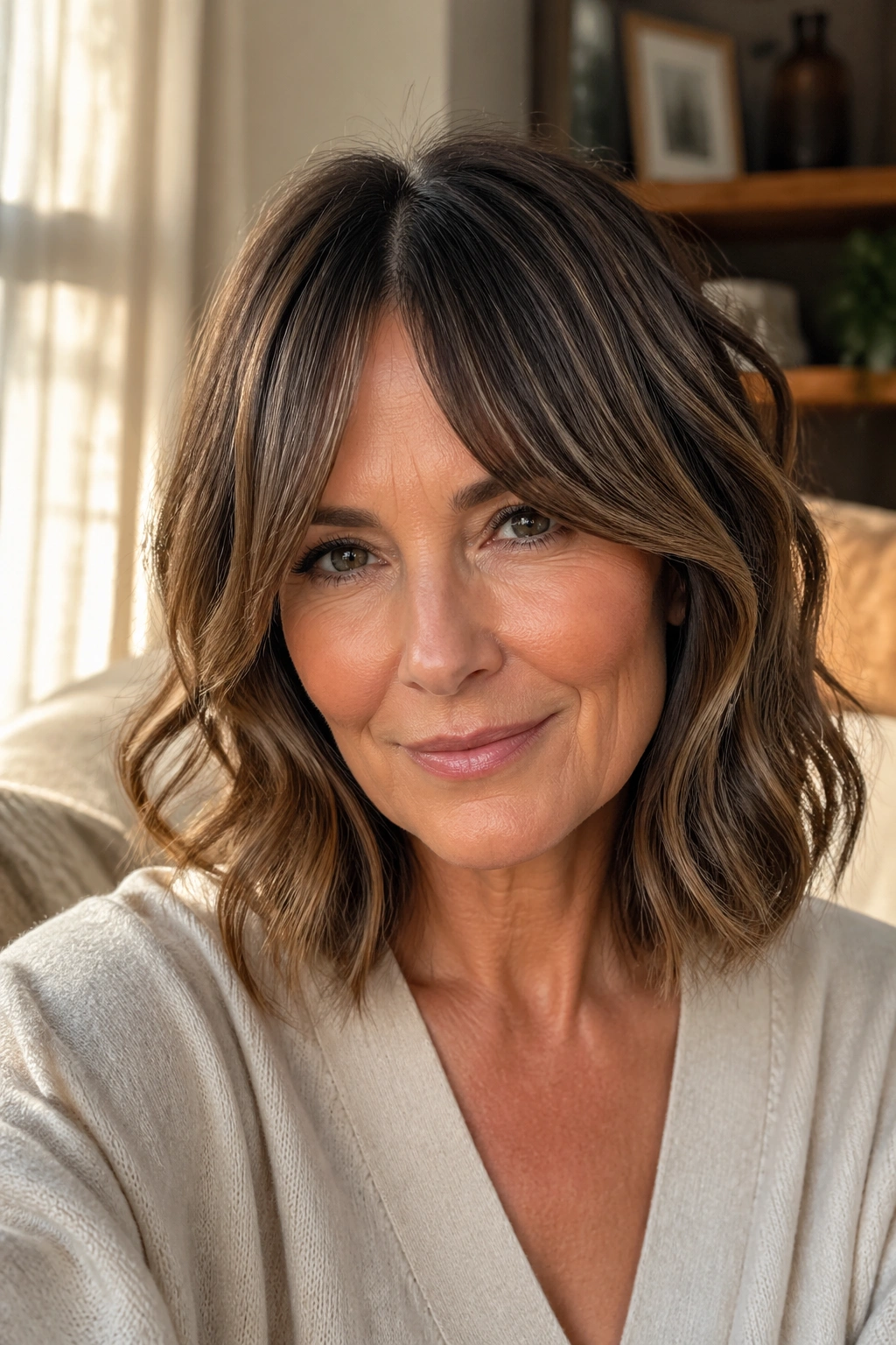 Close-up portrait of a real woman with a wavy lob and bottleneck bangs in natural light