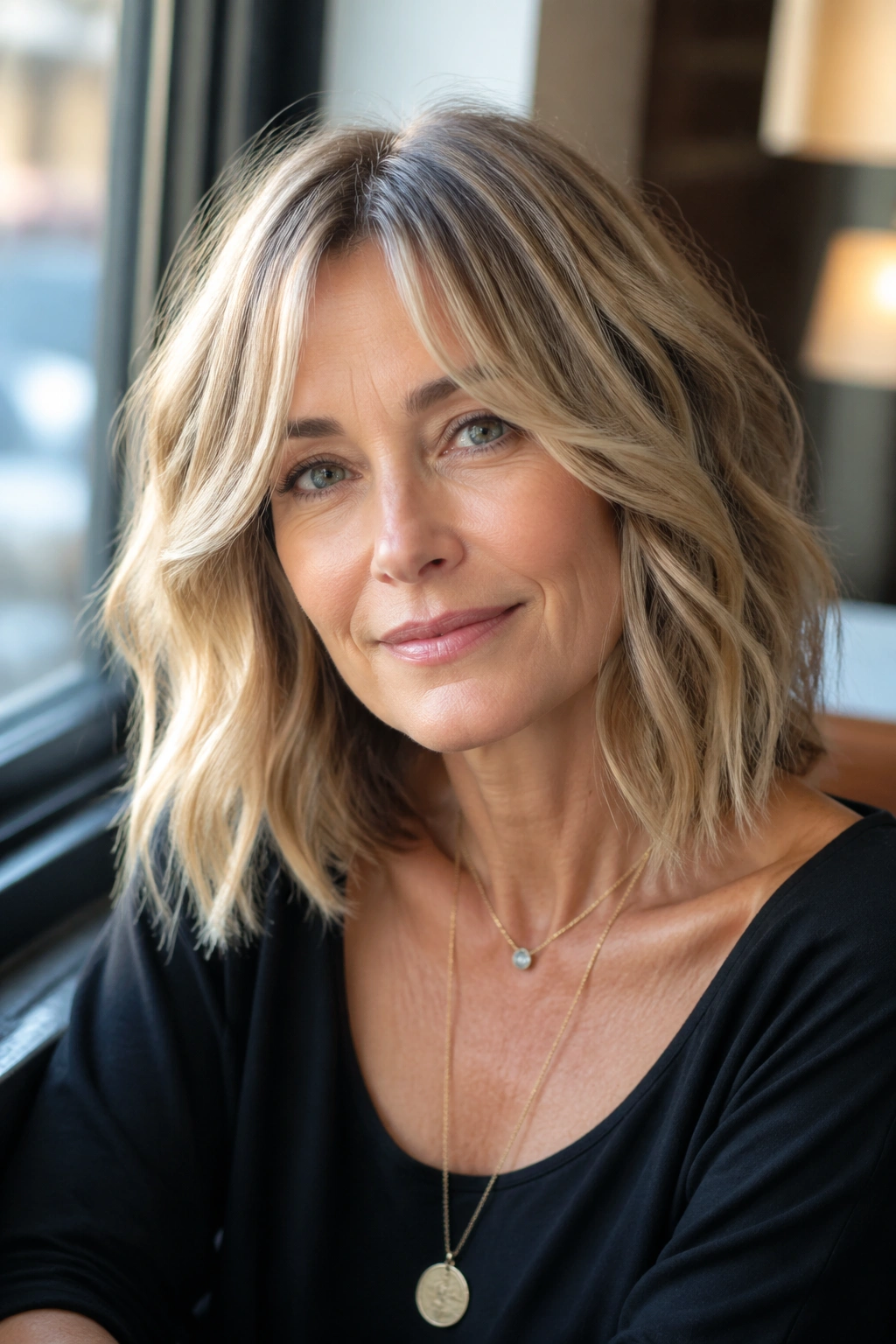 Close-up of real woman with wavy lob and long curtain bangs in natural light
