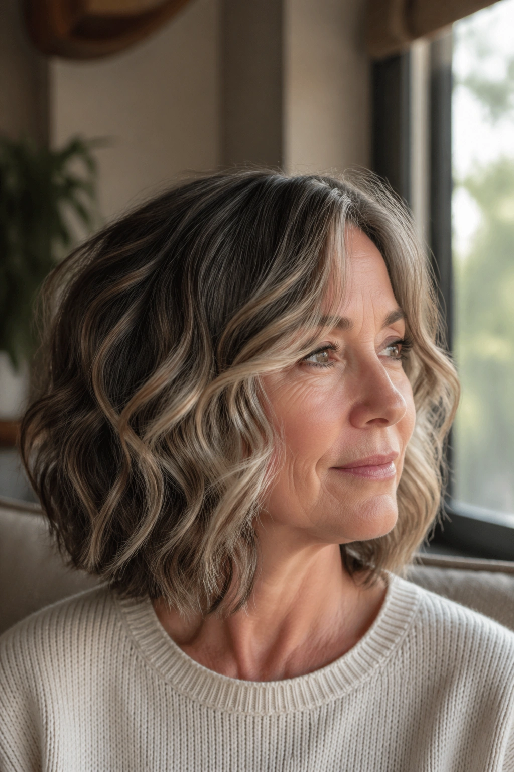 Close-up of a real woman's shoulder-length wavy lob with invisible interior layers for volume