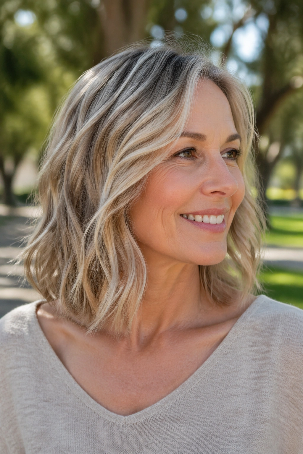 Close-up portrait of a mature woman with a wavy shoulder-length lob