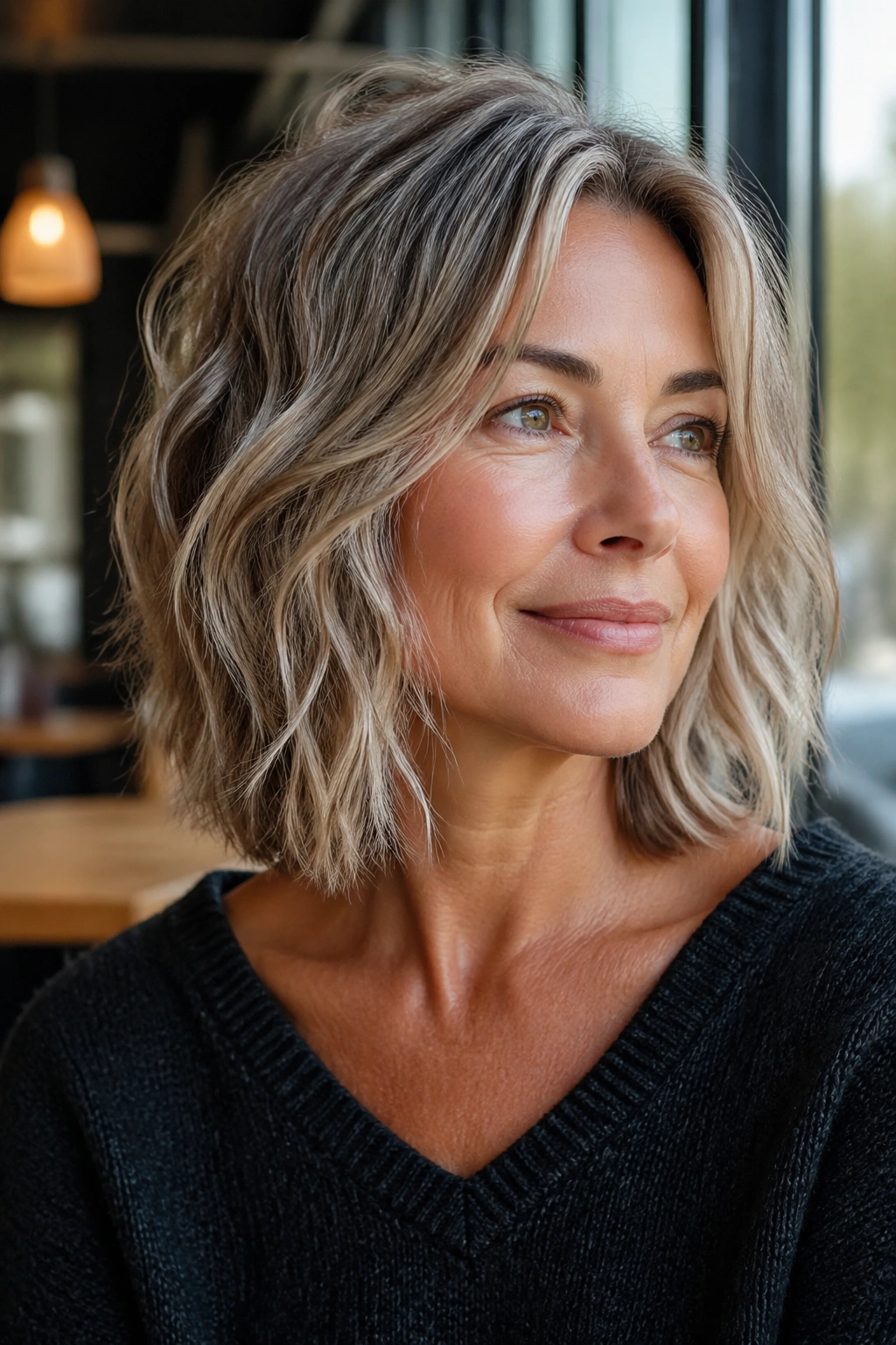 Real woman with wavy lob shag hairstyle