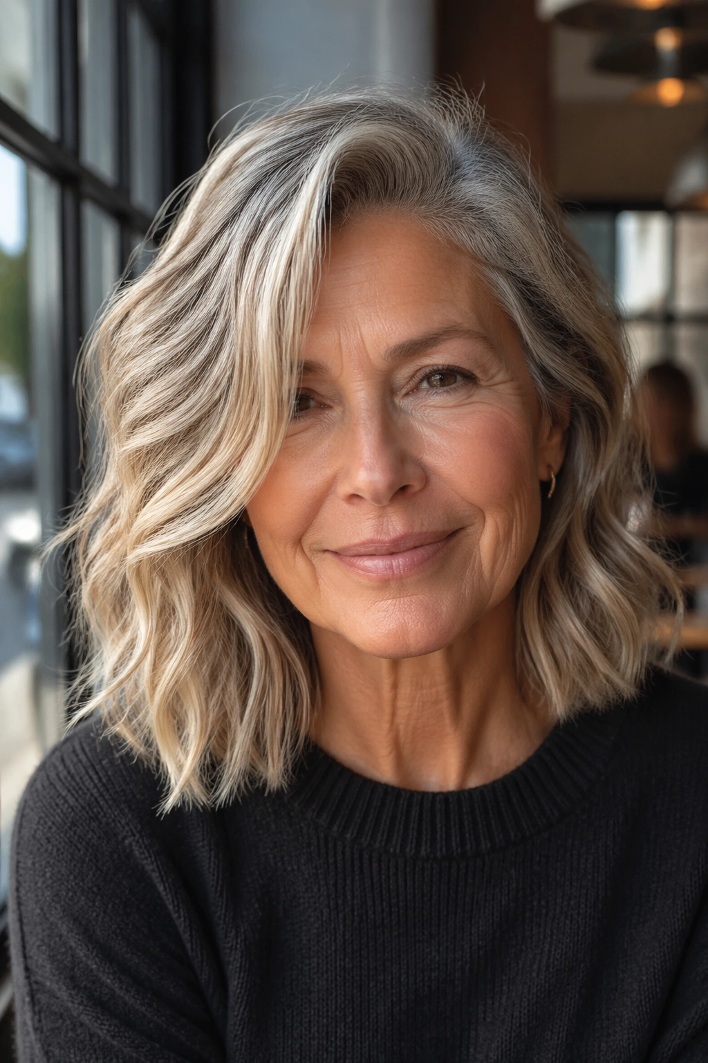 Close-up of a real woman with a wavy lob and deep side part.