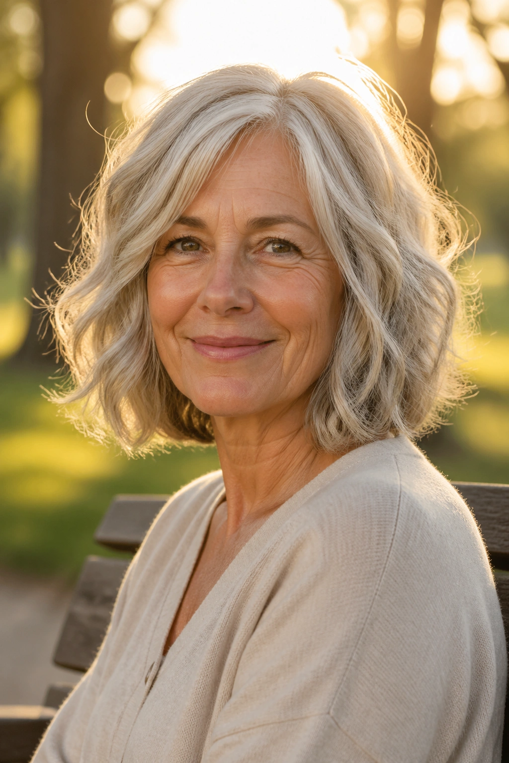Close-up portrait of a real woman with a wavy mid-length bob and layered ends