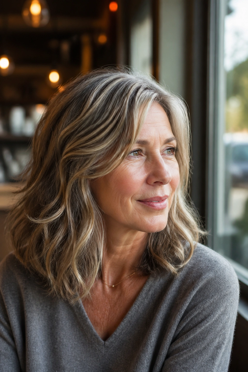 Close-up of a woman with a wavy midi cut and invisible layers
