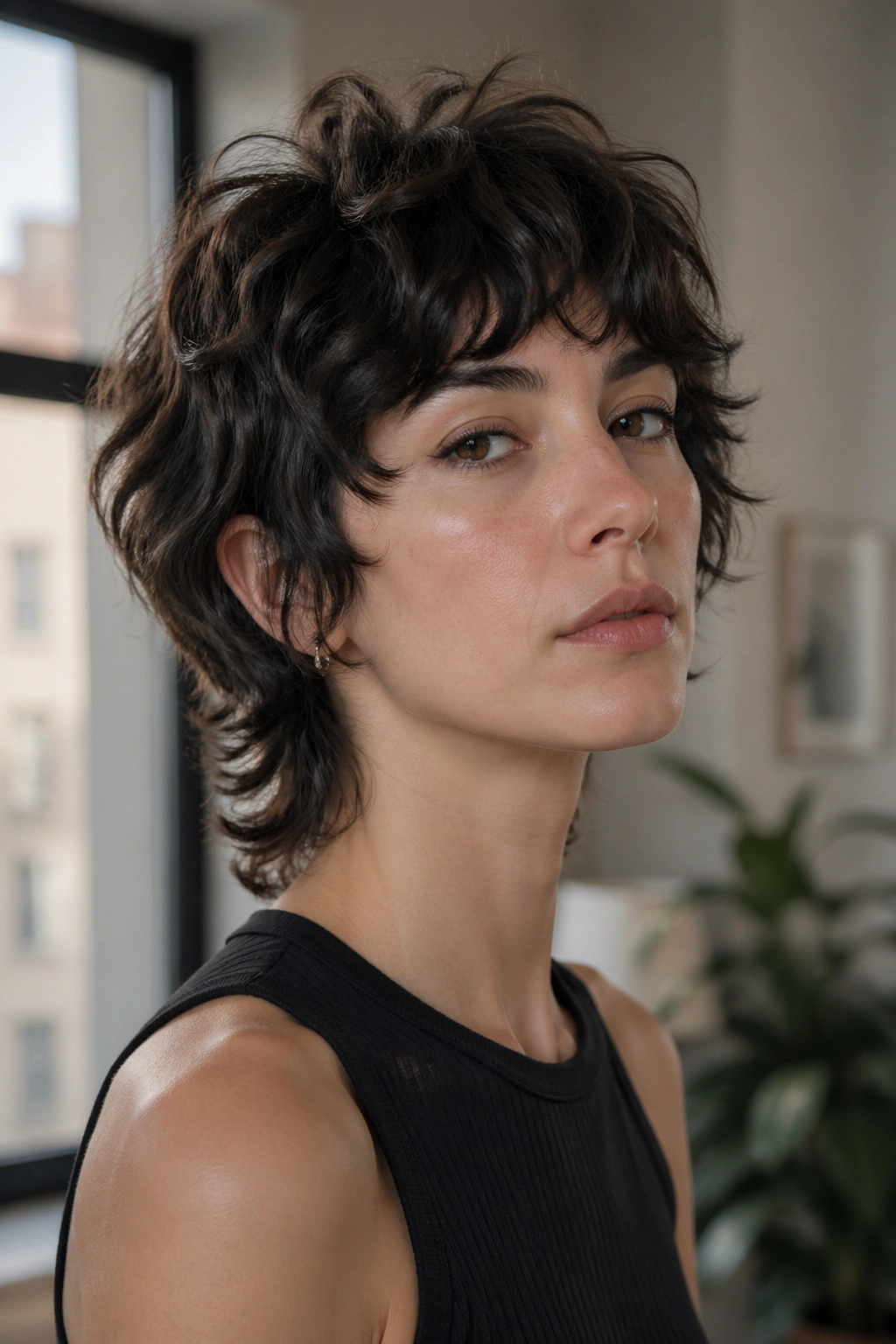 Portrait of a real person with a wavy mullet and controlled volume.