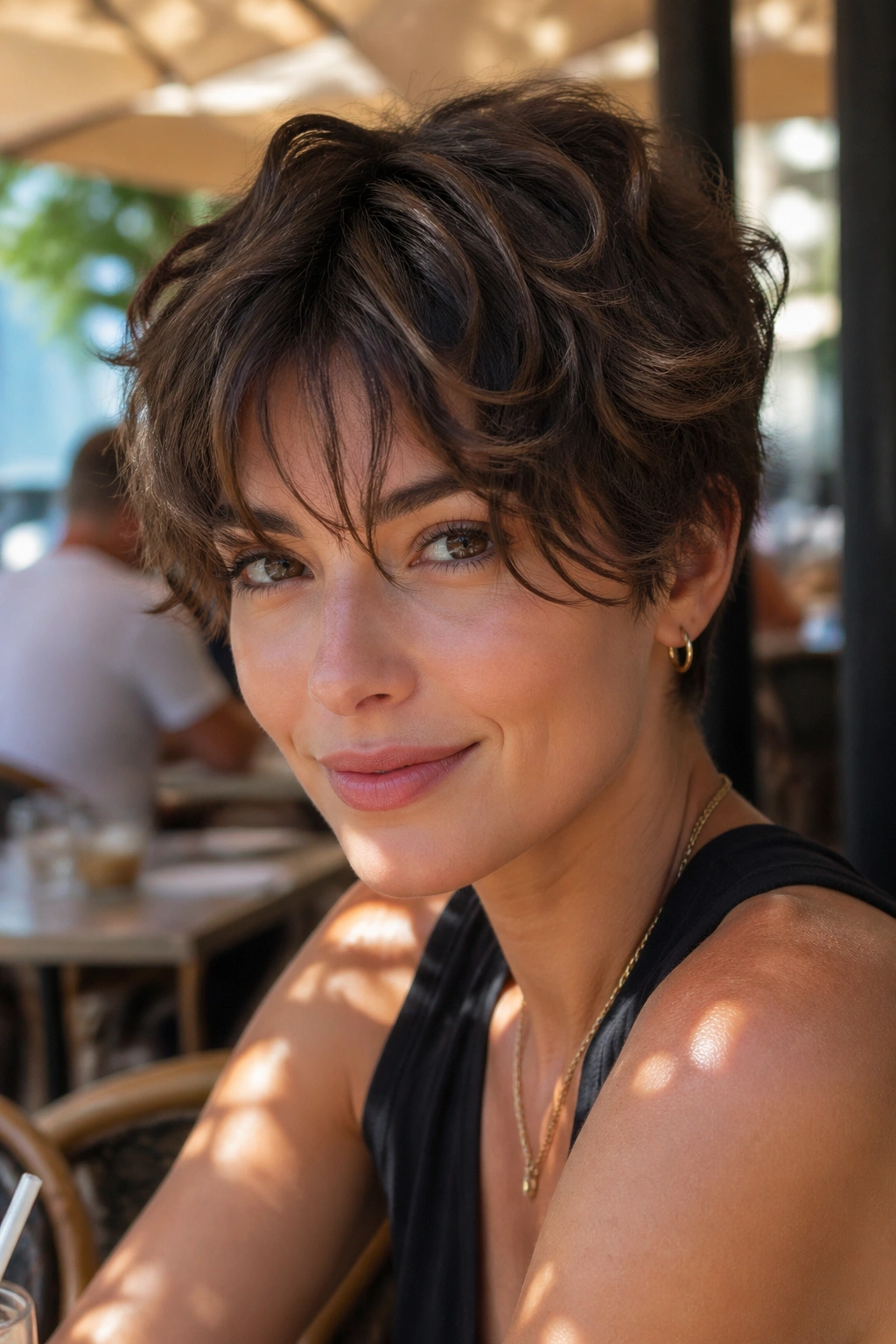 Close-up portrait of a real woman with a wavy pixie and long broken bangs.