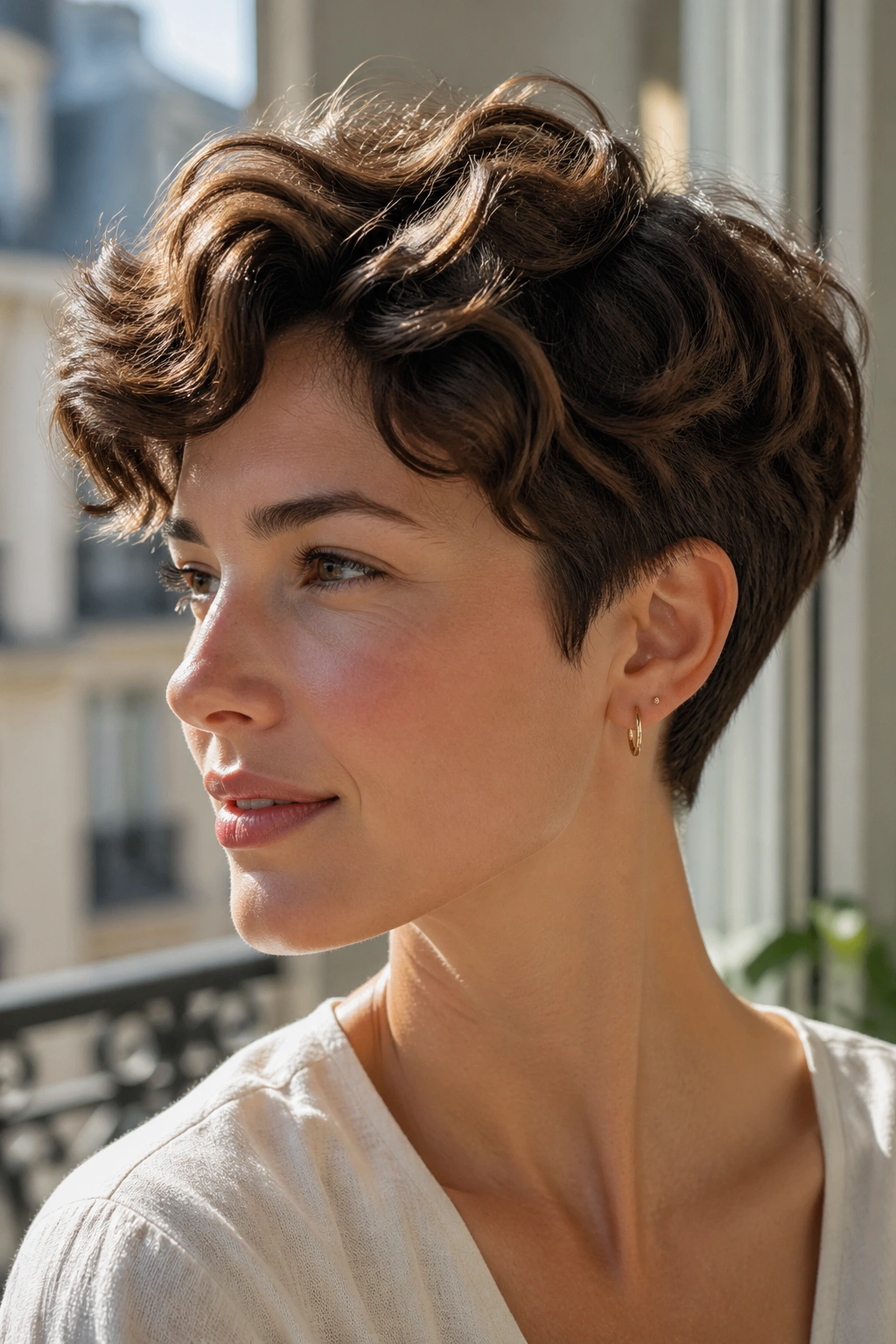 Portrait of a real person with a wavy pixie with longer top in natural light