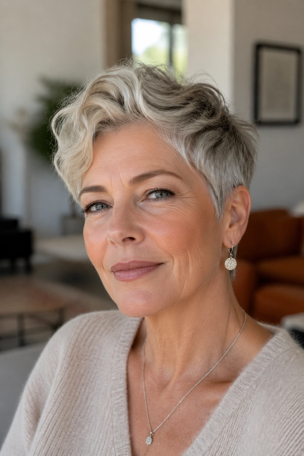 Close-up of a real woman with a wavy pixie and longer top