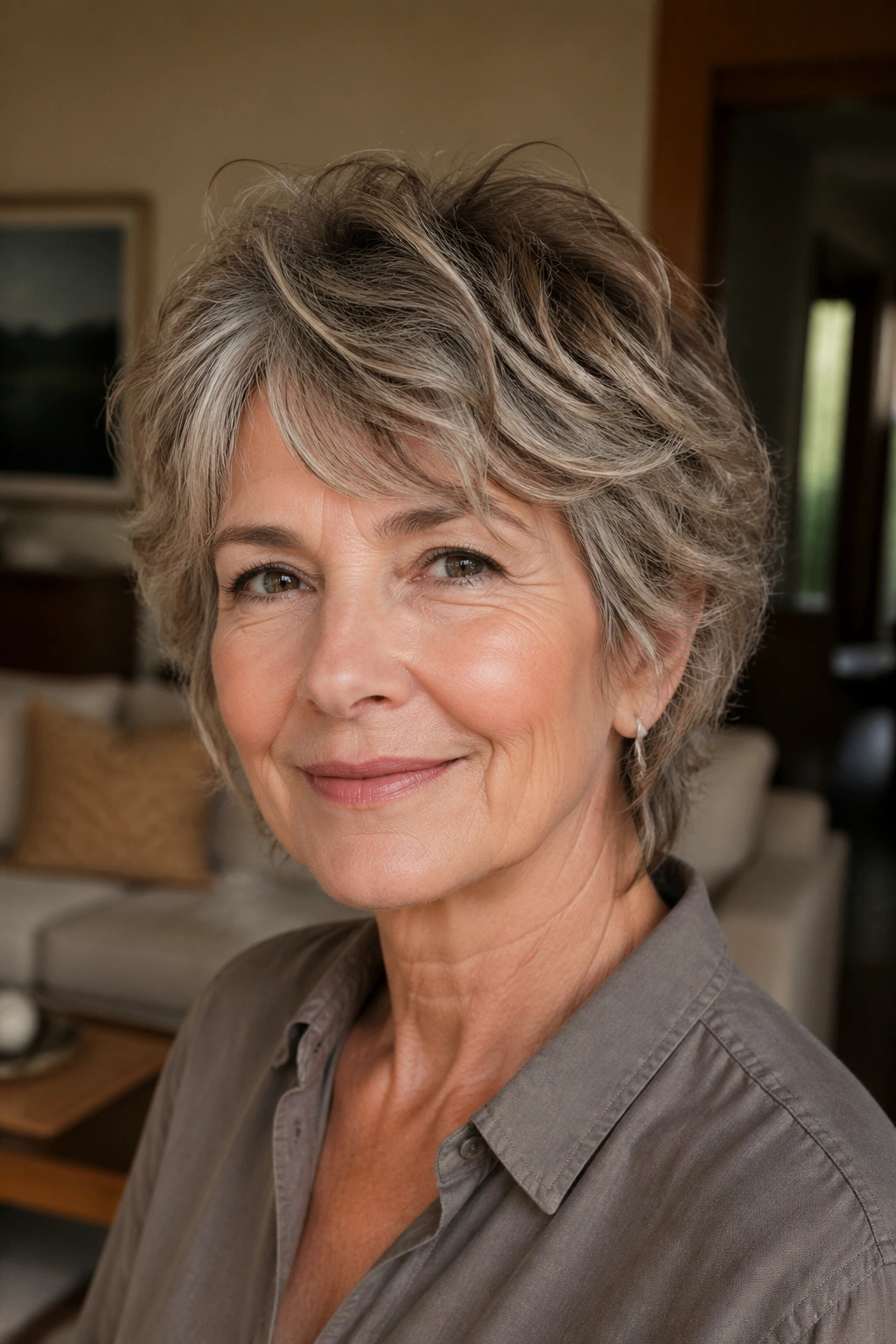 Real woman with wavy shaggy pixie ear-grazing length in natural light