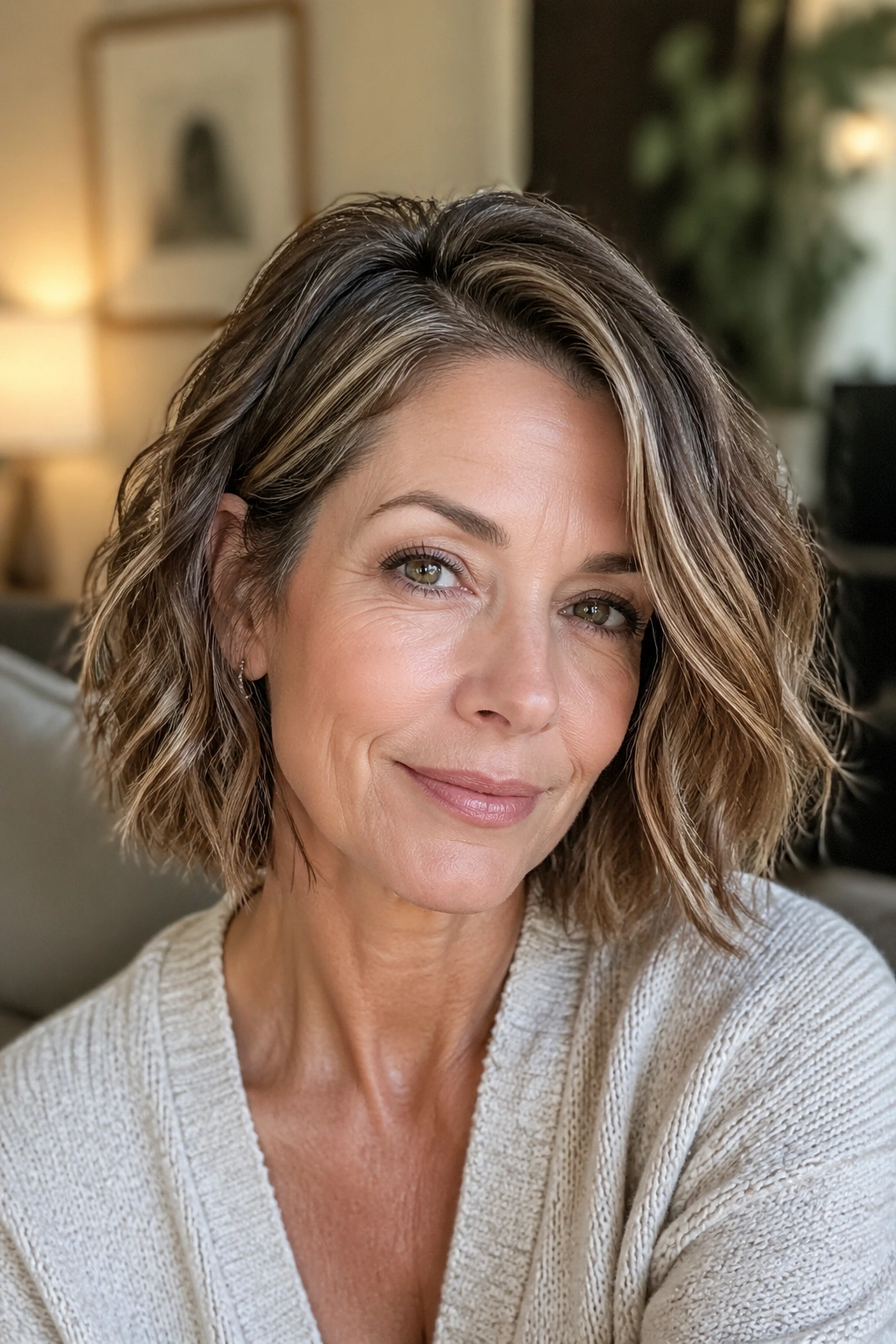 Close-up portrait of a real woman with a wavy razor bob and side part in natural window light.