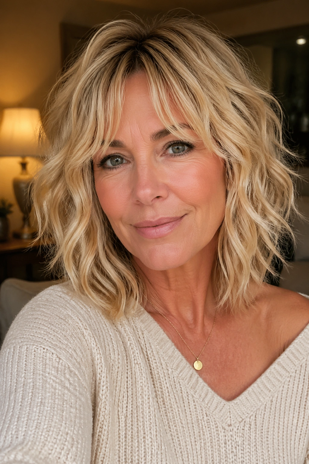Close-up of a real woman with a wavy shag in butter blonde