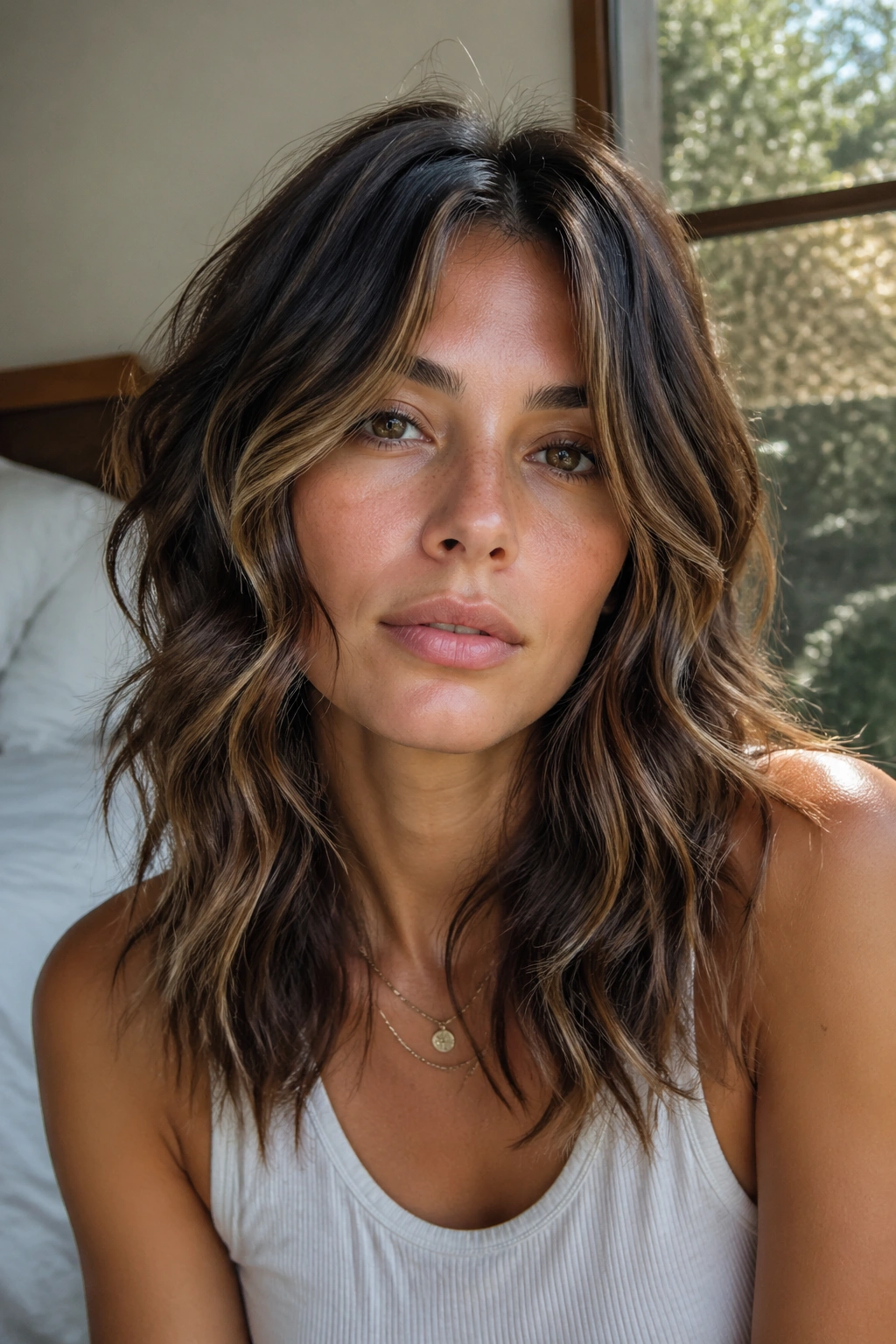 Close-up portrait of wavy shag with long layers on a real person