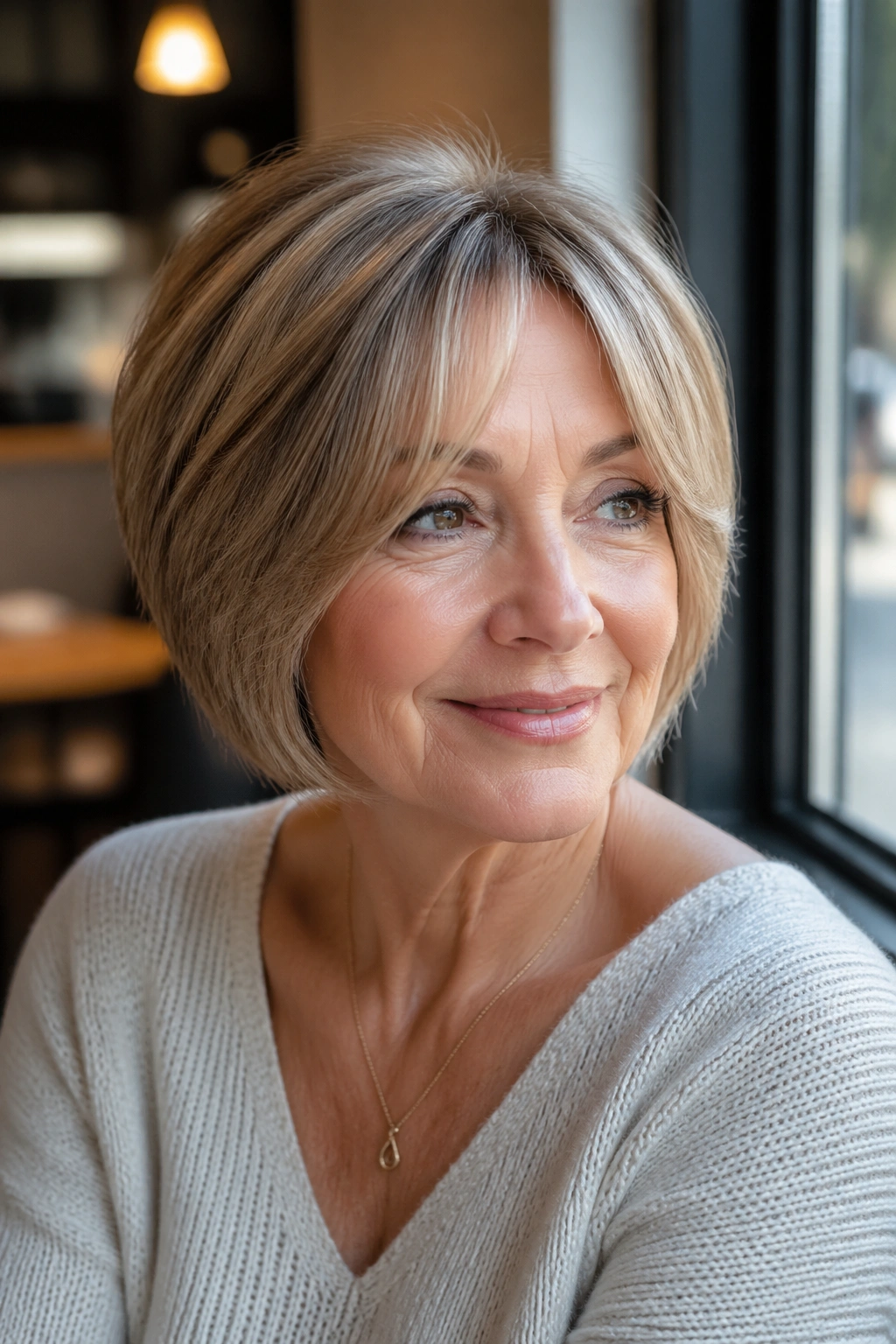 Close-up of real woman with wedge and curtain bangs in natural light