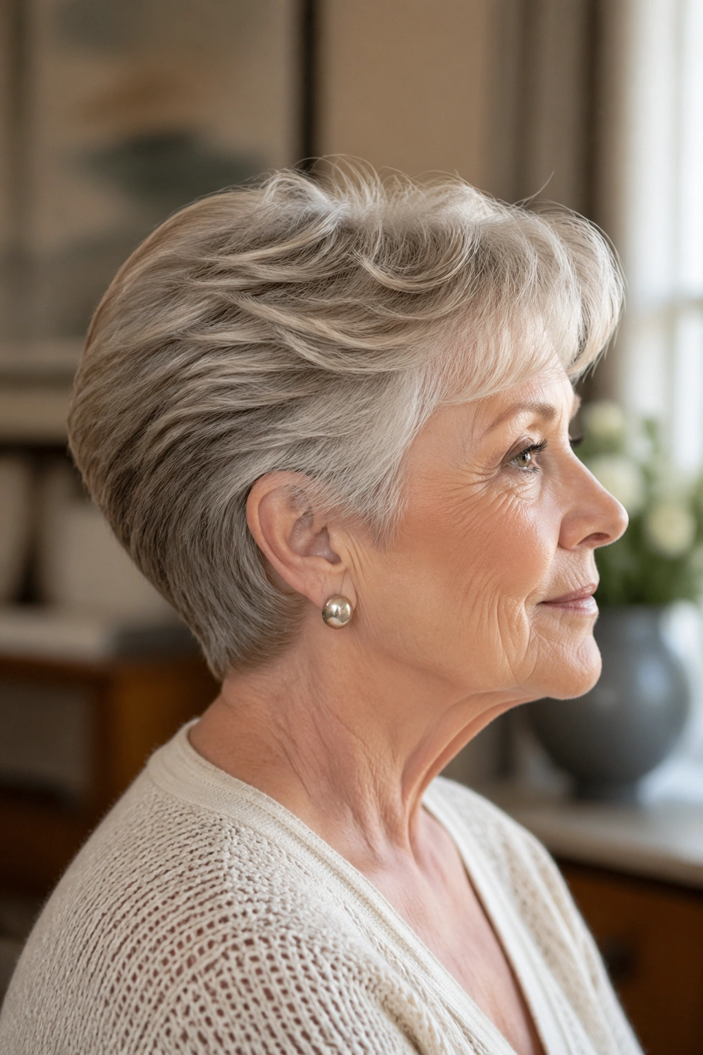 Close-up of an older woman with a soft wedge back haircut in a warm indoor setting.