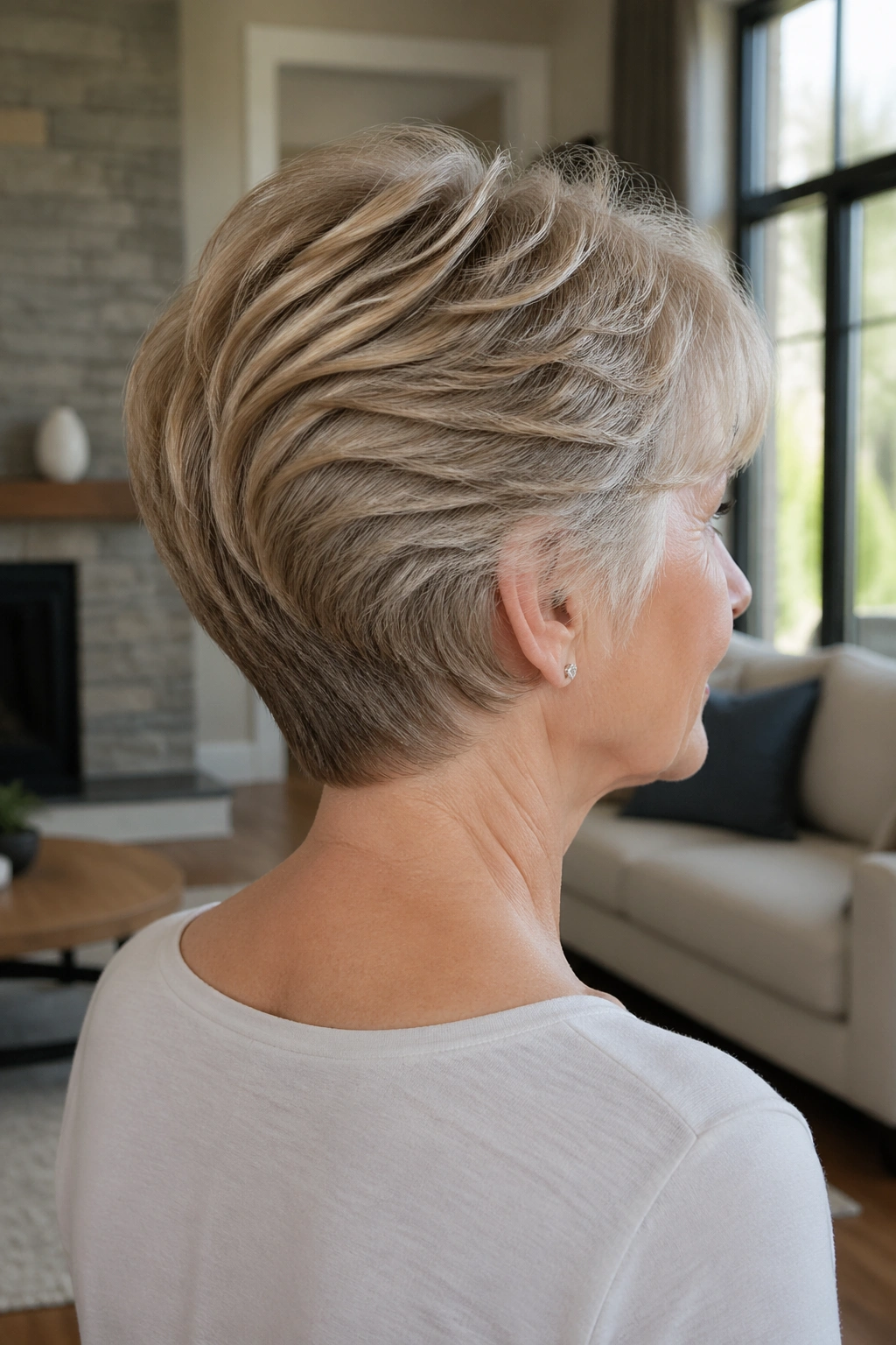 Rear three-quarter view of a real woman showing wedge cut with back lift.
