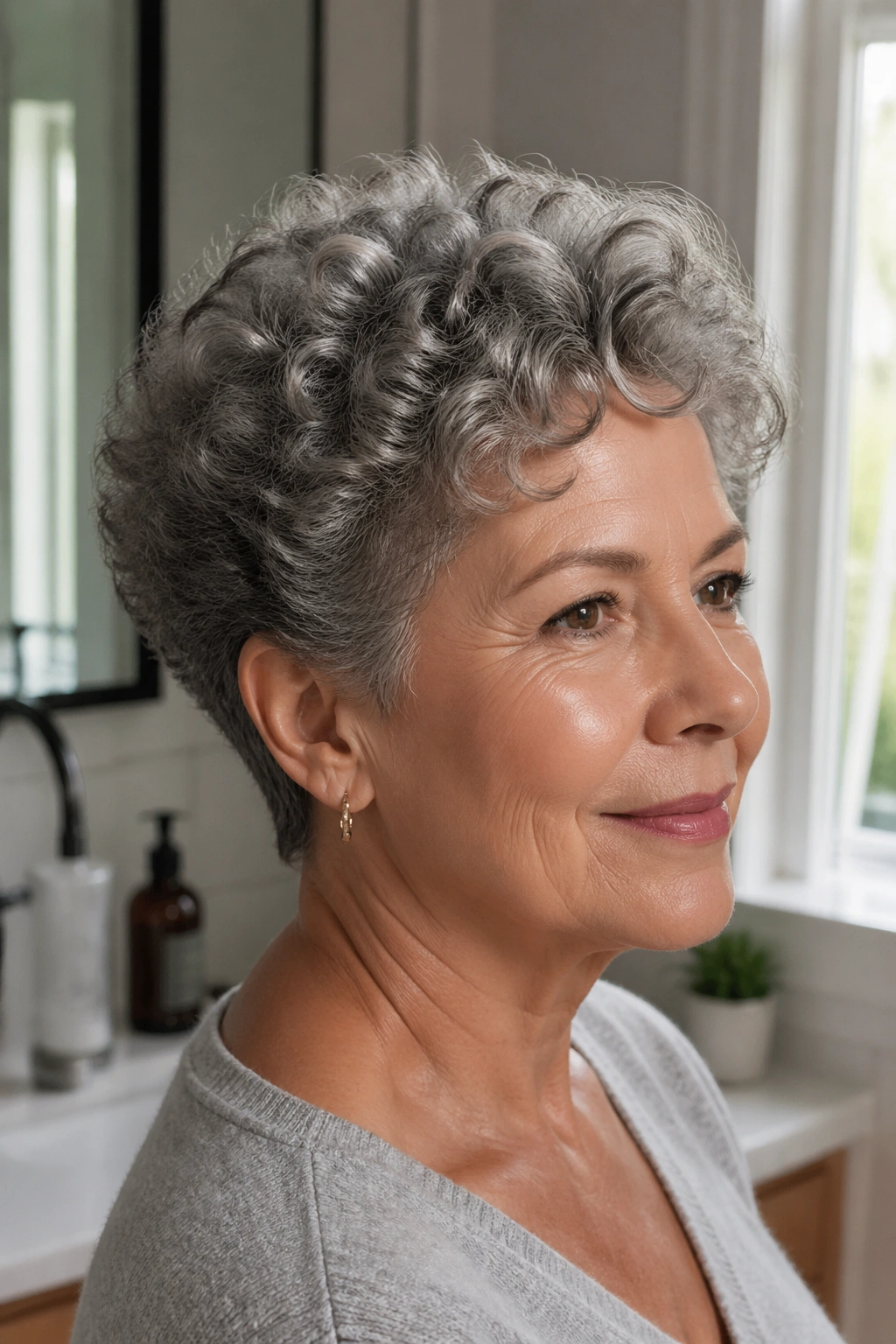 Portrait of a real woman with a short wedge cut for curls