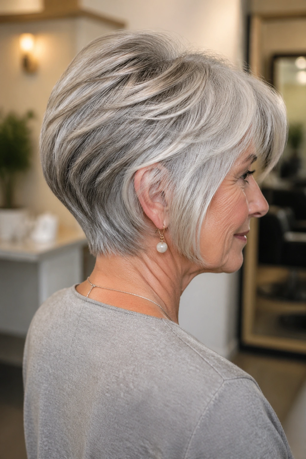 Close-up head-and-shoulders portrait of an older woman with a wedge cut and soft graduation in a cozy setting.