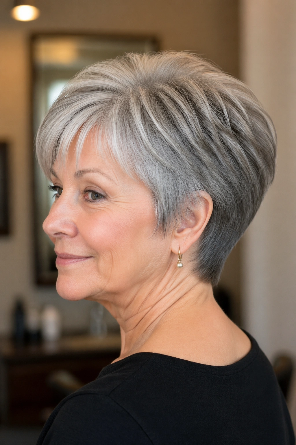 Close-up portrait of older woman with wedge cut hairstyle.