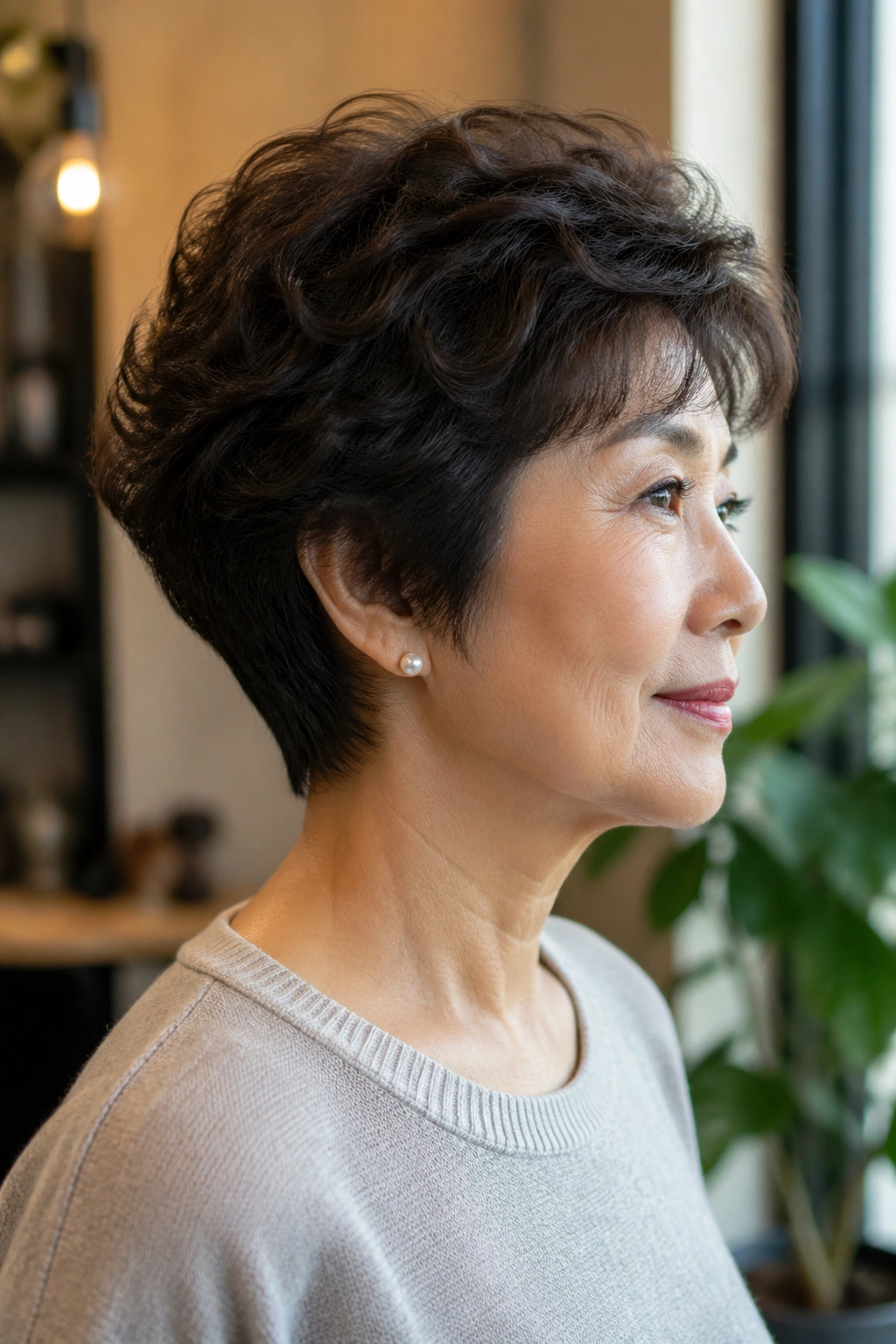Close-up of a real person with wedge-cut perm and crown volume