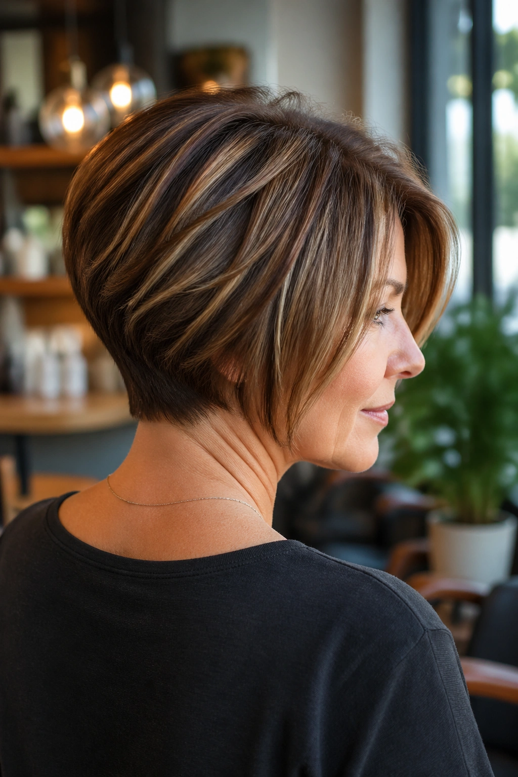 Close-up portrait of a real woman with wedge cut in a modern salon