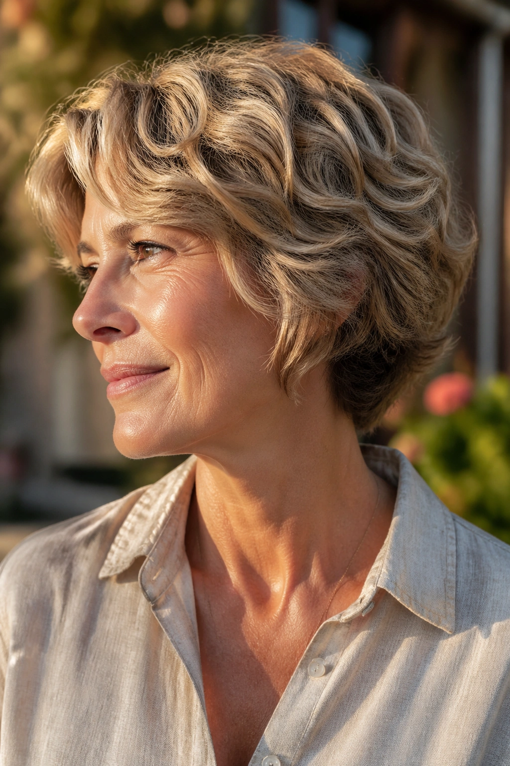 Real woman with a wavy wedge haircut in a sunlit outdoor setting