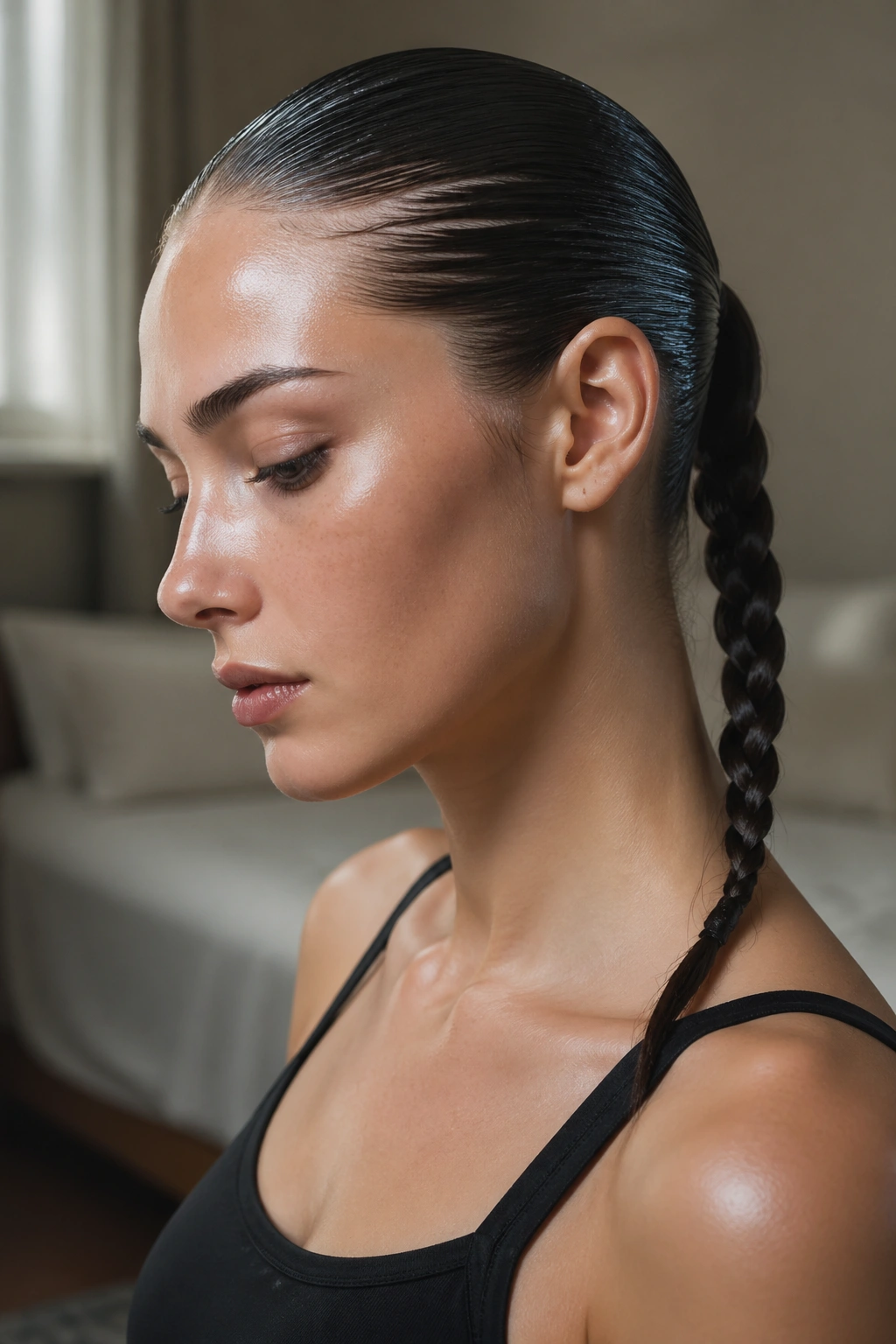 Close-up of a real woman with a wet-look single braid